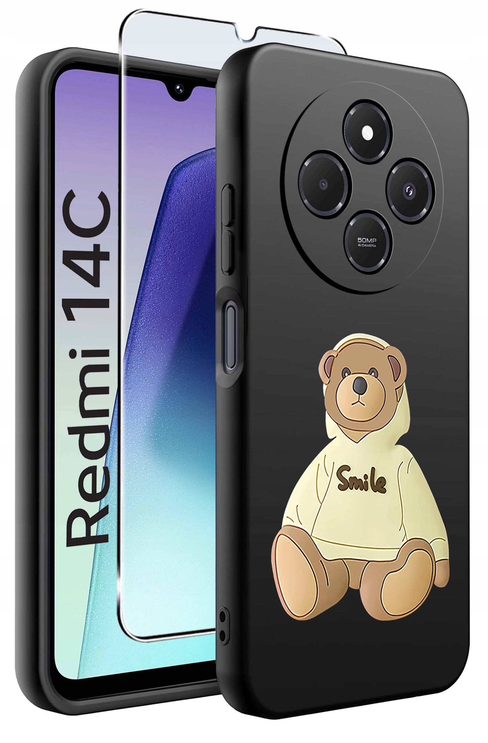 Obraz przedstawia czarne etui na telefon z nadrukiem misia w bluzie z napisem \'Smile\'. Obok etui znajduje się szkło ochronne oraz widoczny fragment telefonu z napisem \'Redmi 14C\'.