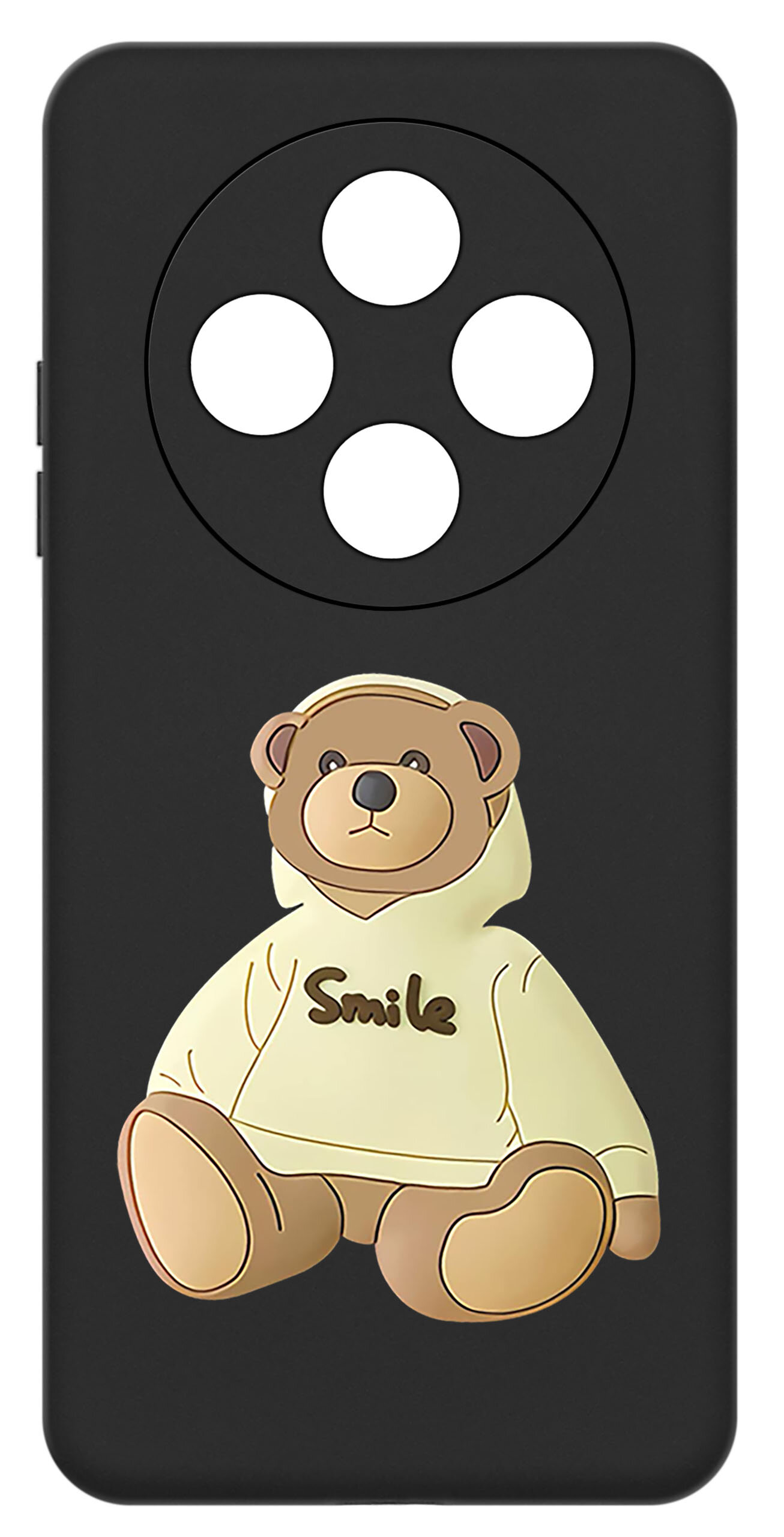 Czarne etui z wycięciami na aparat, ozdobione grafiką misia w bluzie z napisem \'Smile\'.