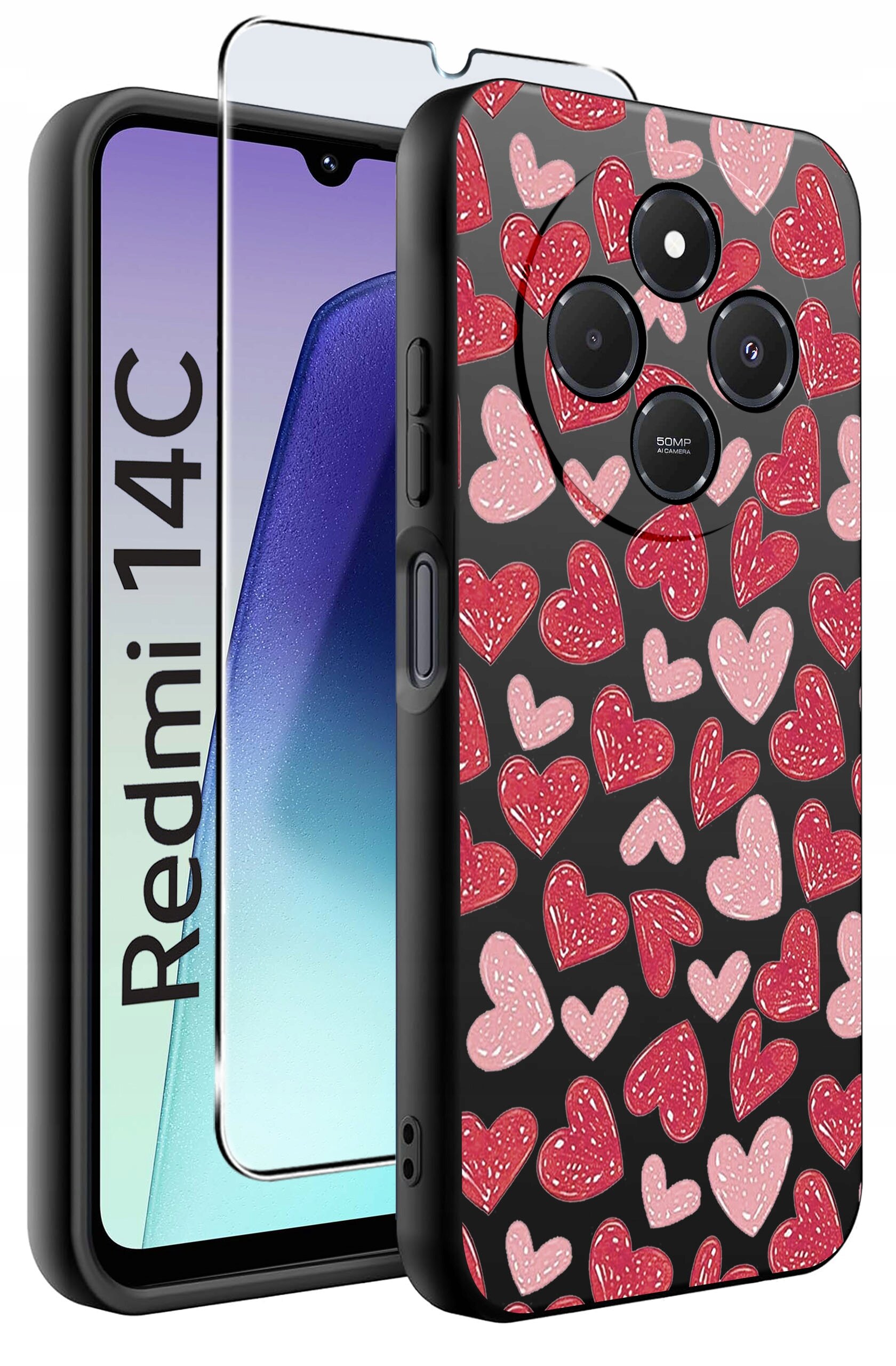 Obraz przedstawia etui na telefon z wzorem czerwonych i różowych serc na czarnym tle oraz szkło ochronne. Na ekranie telefonu widoczny jest napis \'Redmi 14C\'.