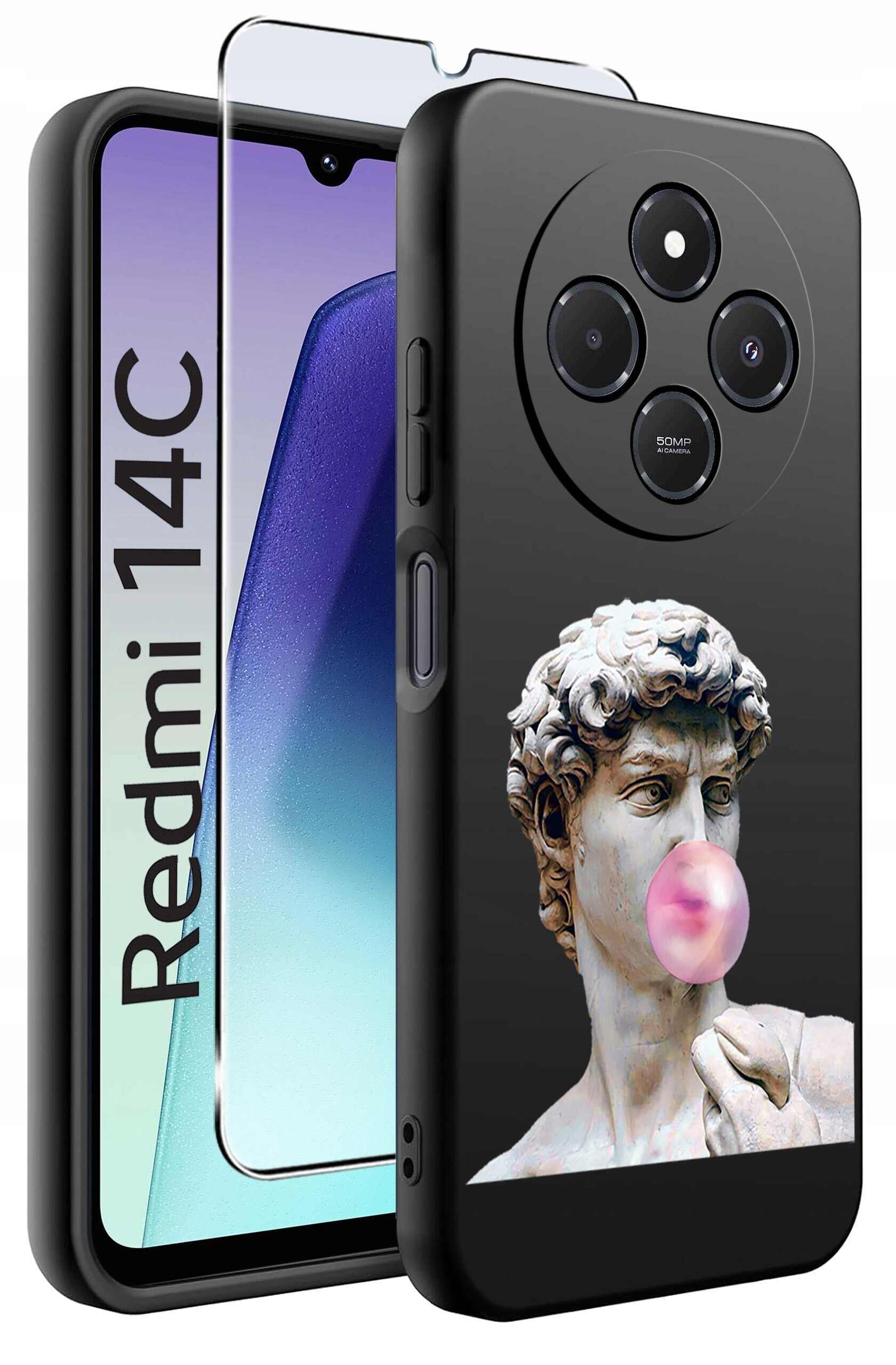 Obraz przedstawia czarne etui na telefon z nadrukiem rzeźby dmuchającej różową gumę balonową oraz szkło ochronne. Obok widoczny jest telefon z napisem \'Redmi 14C\'.