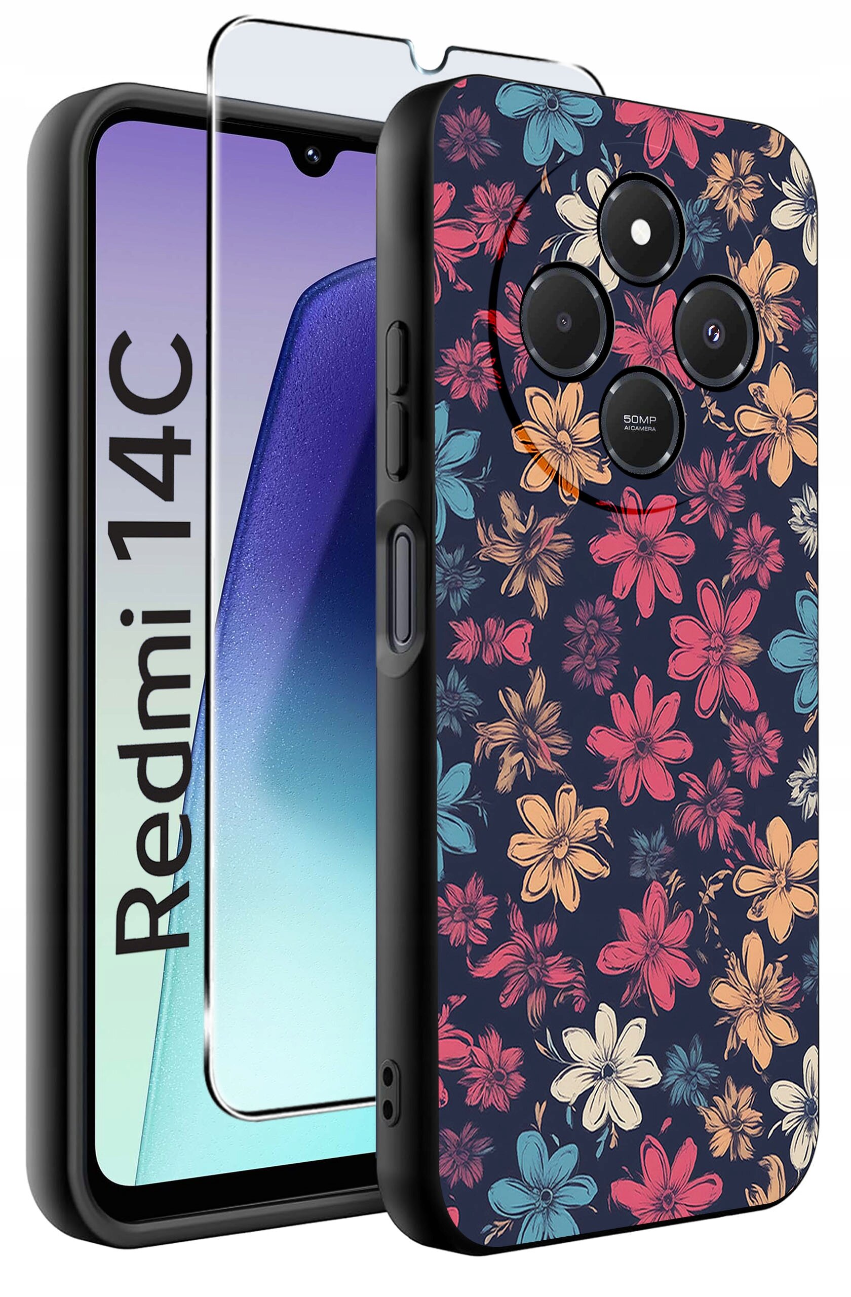 Etui na telefon z kolorowym wzorem kwiatowym, obok którego znajduje się szkło ochronne. Na ekranie telefonu widoczny jest napis \'Redmi 14C\'.