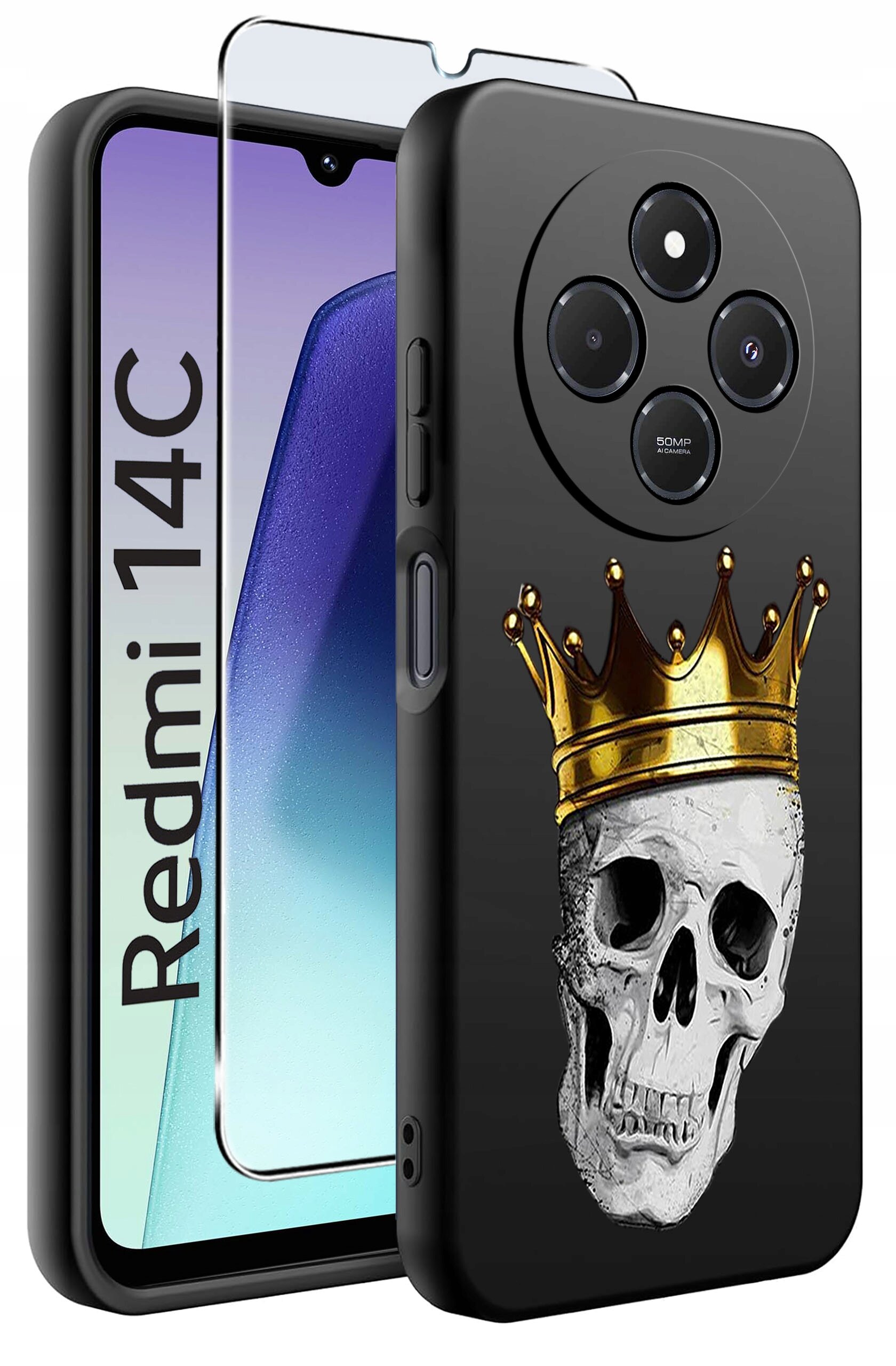 Obraz przedstawia czarne etui na telefon z nadrukiem czaszki w złotej koronie. Obok etui znajduje się szkło ochronne, a na ekranie telefonu widoczny jest napis \'Redmi 14C\'.