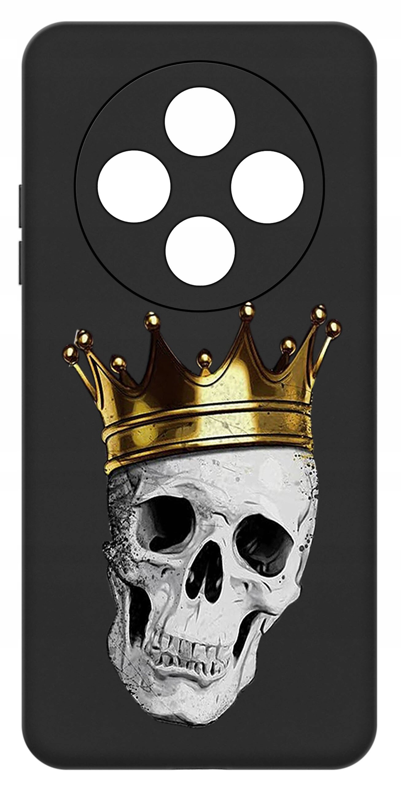 Czarne etui na telefon z nadrukiem czaszki w złotej koronie. W górnej części znajdują się cztery okrągłe otwory na aparat.