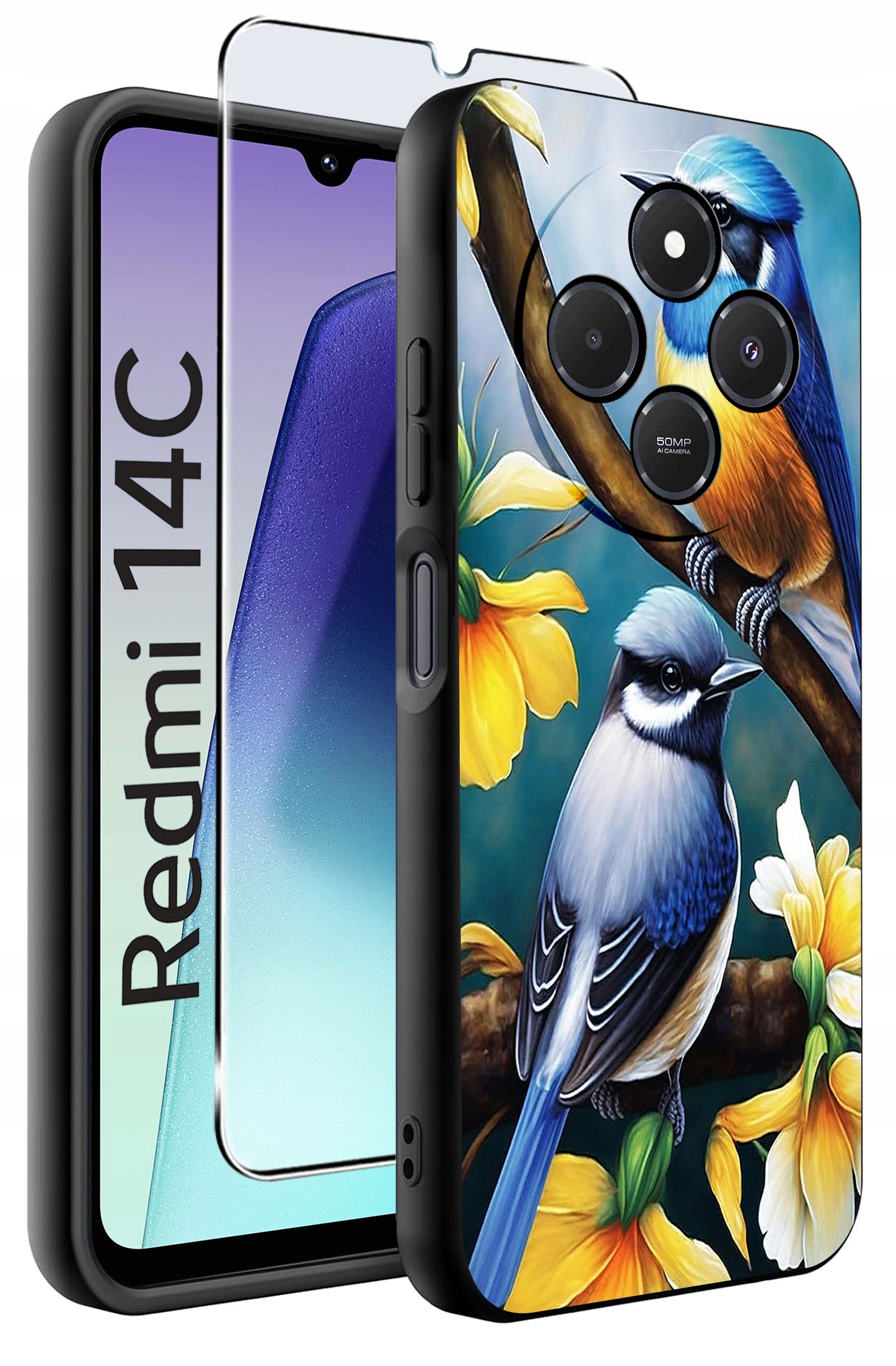 Etui na telefon z kolorowym wzorem ptaków i kwiatów, obok którego znajduje się szkło ochronne. Na ekranie telefonu widoczny jest napis \'Redmi 14C\'.