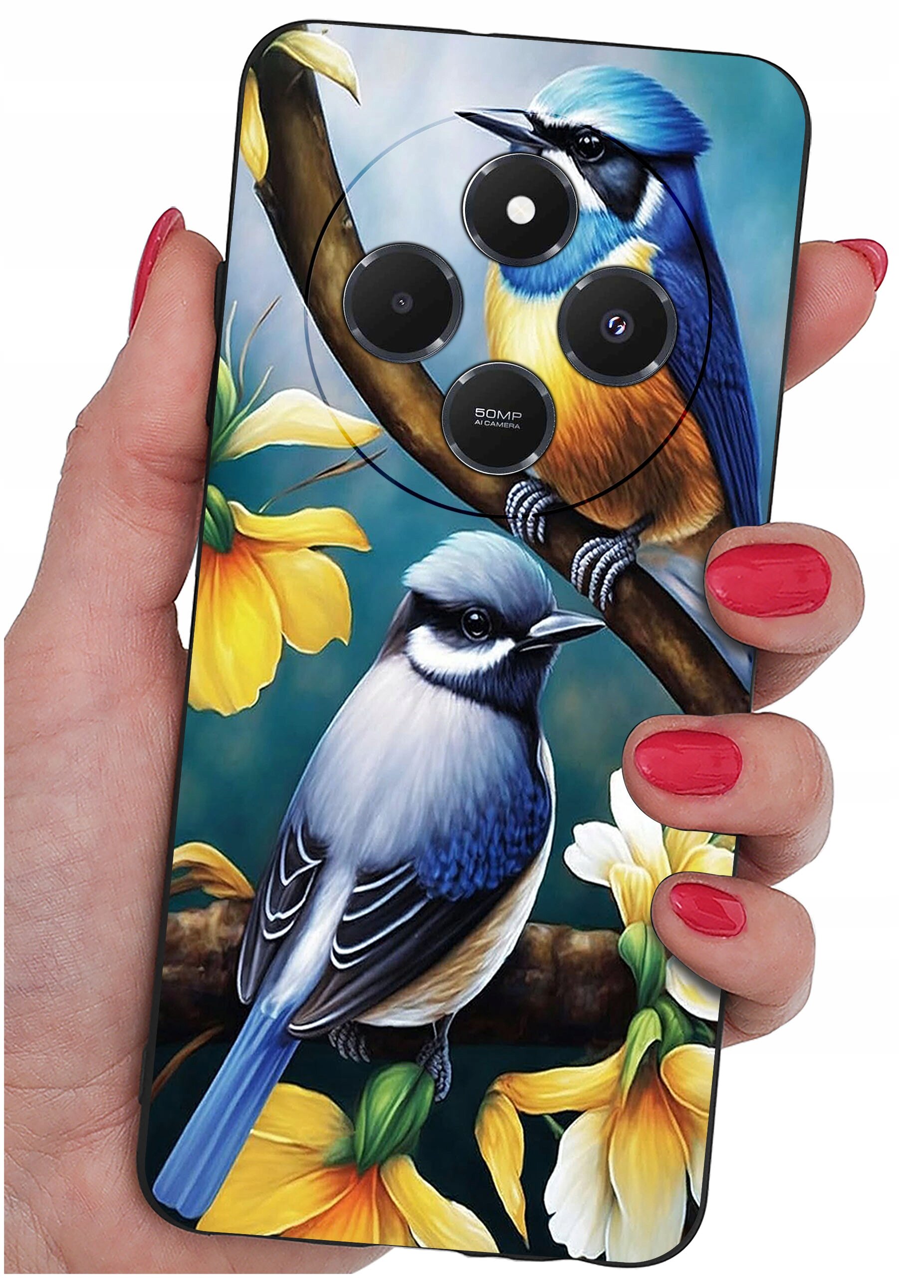 Etui na telefon z kolorowym wzorem przedstawiającym dwa ptaki siedzące na gałęzi w otoczeniu kwiatów. Widoczny napis: \'50MP AI Camera\'.
