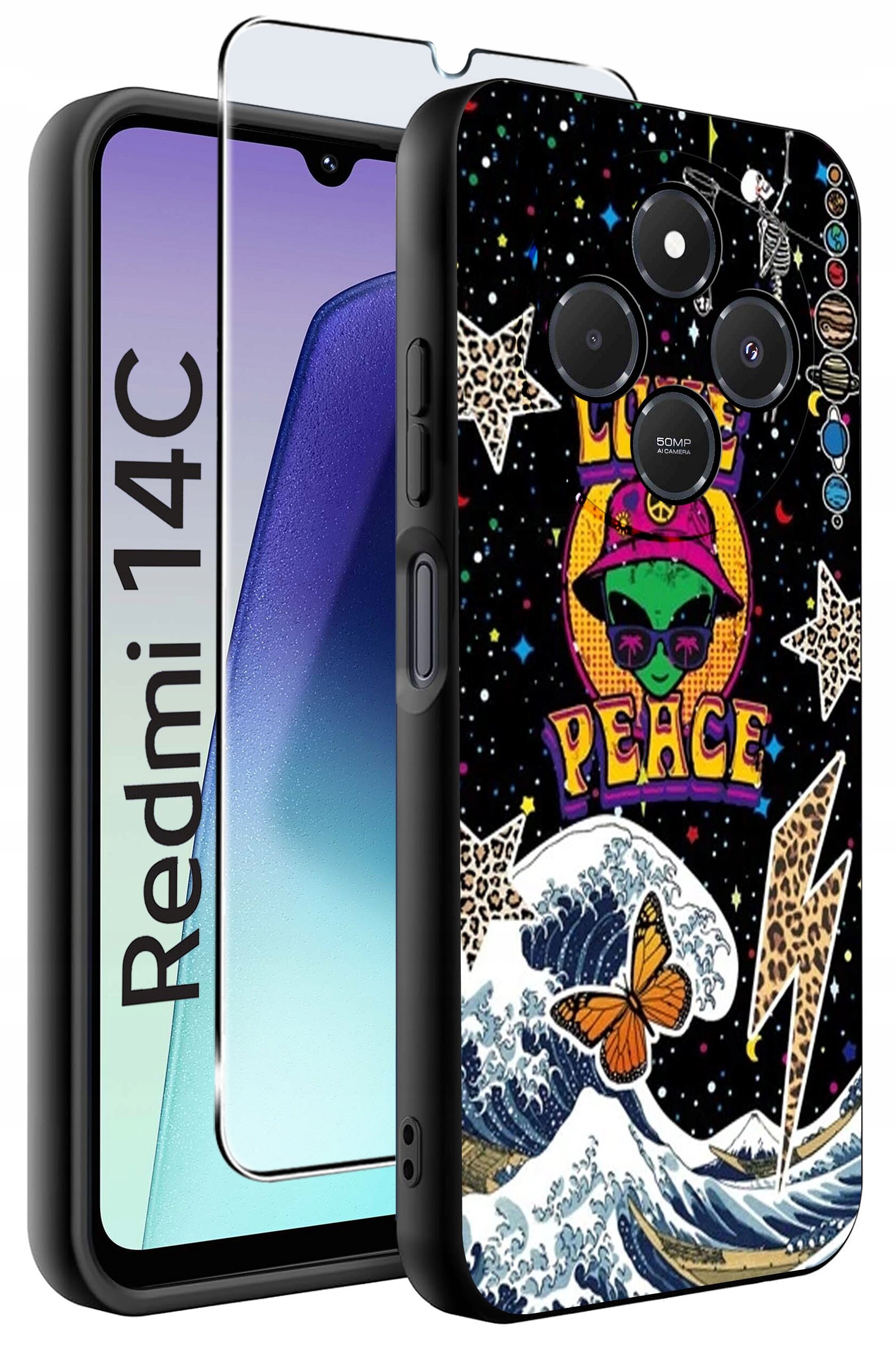 Etui na telefon z kolorowym wzorem przedstawiającym fale, motyla, gwiazdy i napis \'PEACE\'. Obok etui znajduje się szkło ochronne, a na ekranie telefonu widoczny jest napis \'Redmi 14C\'.