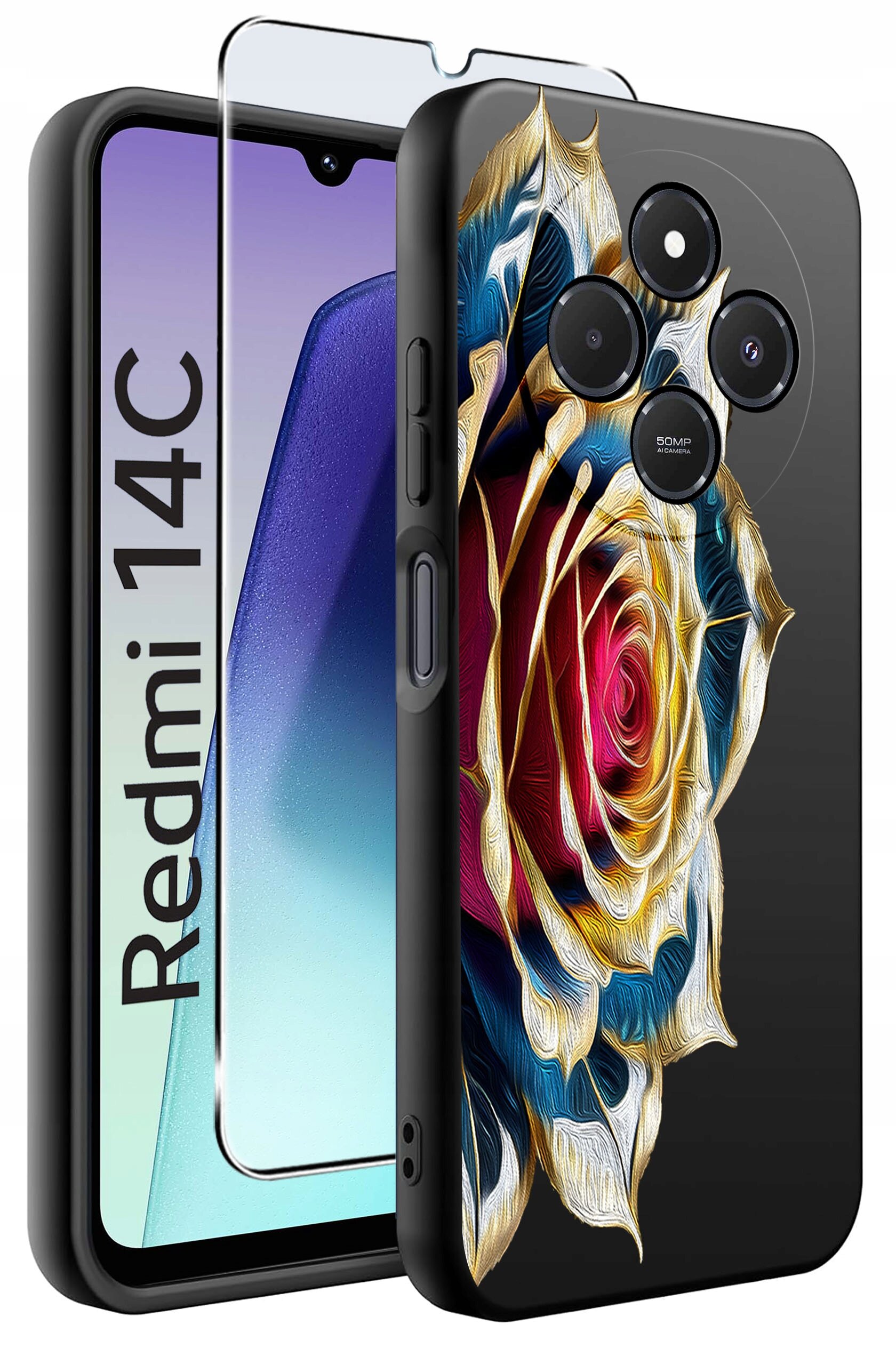 Obraz przedstawia etui na telefon z kolorowym wzorem róży oraz szkło ochronne. Na ekranie telefonu widoczny jest napis \'Redmi 14C\'.
