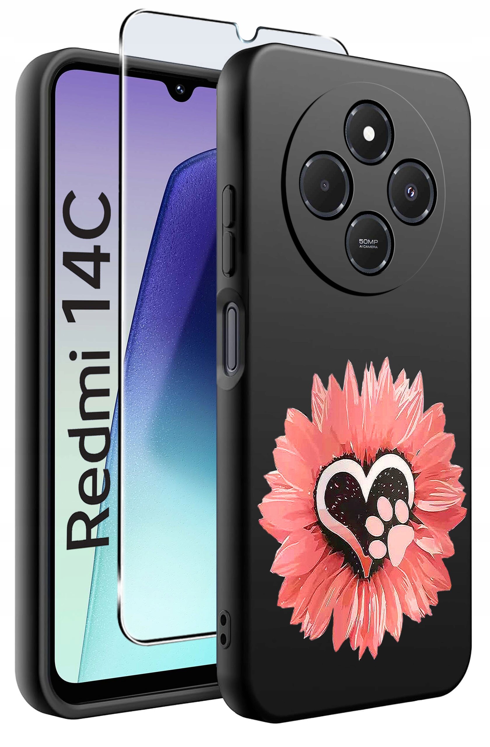 Obraz przedstawia czarne etui na telefon z motywem różowego kwiatu i serca, obok którego znajduje się szkło ochronne. Na ekranie telefonu widoczny jest napis \'Redmi 14C\'.