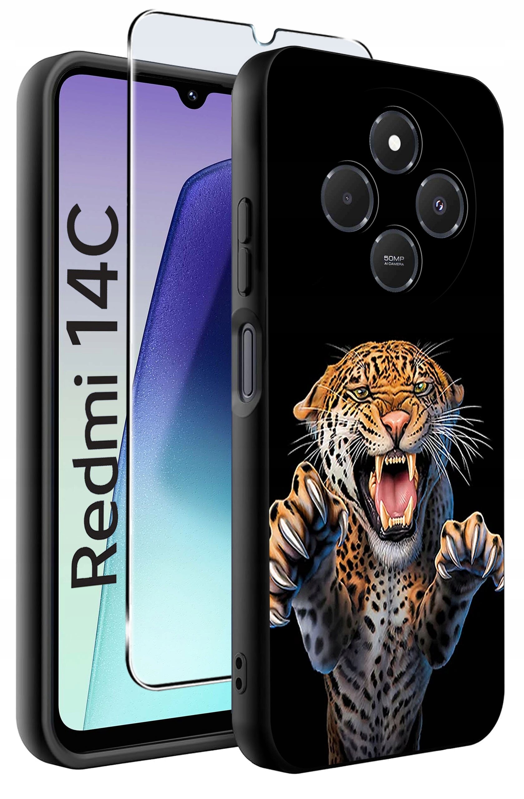 Obraz przedstawia etui na telefon z grafiką przedstawiającą ryczącego lamparta. Obok etui widoczny jest telefon z napisem \'Redmi 14C\' oraz szkło ochronne.