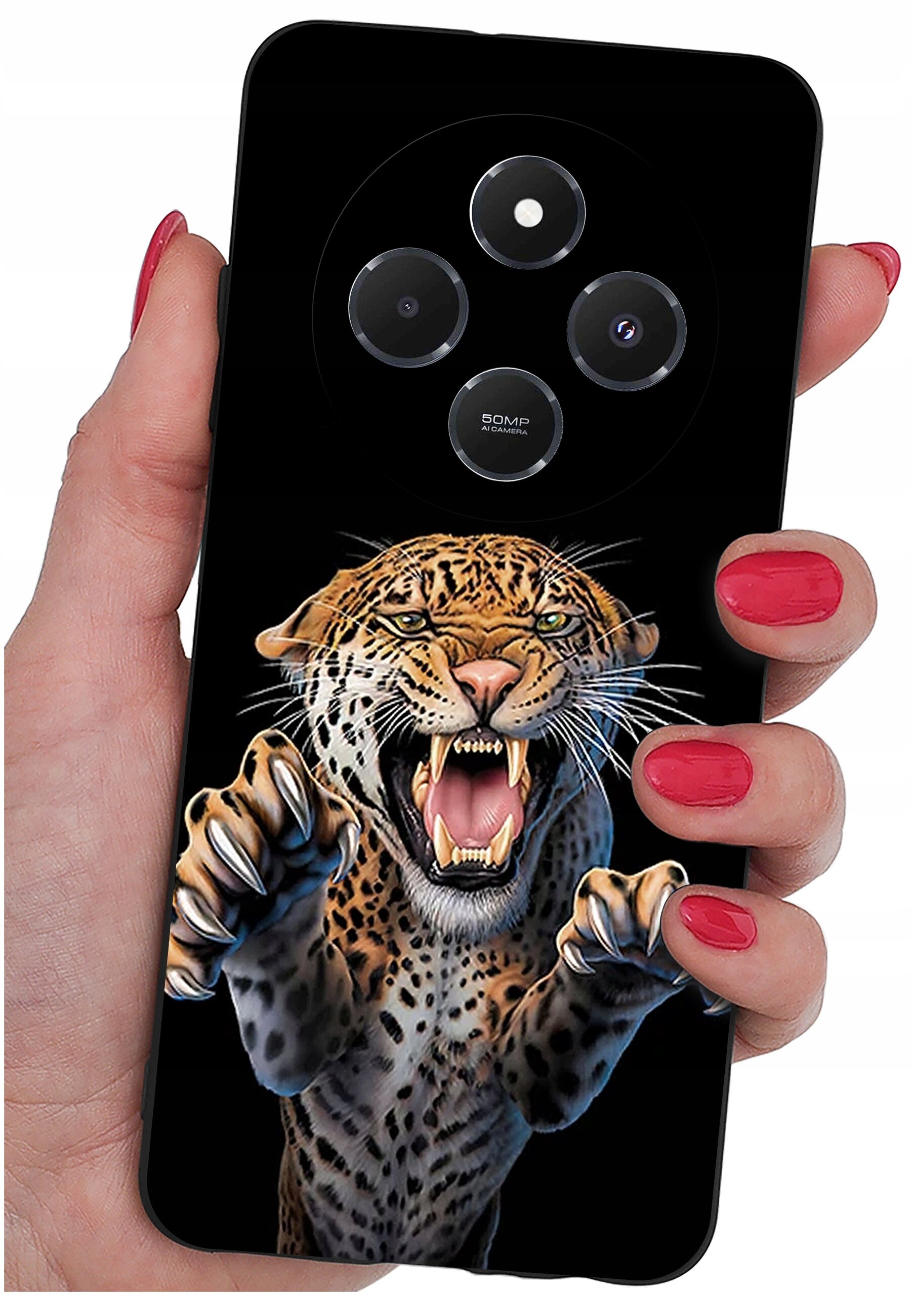 Etui na telefon z nadrukiem groźnie wyglądającego lamparta z otwartą paszczą. Widoczne są trzy obiektywy aparatu oraz napis \'50MP AI Camera\'.
