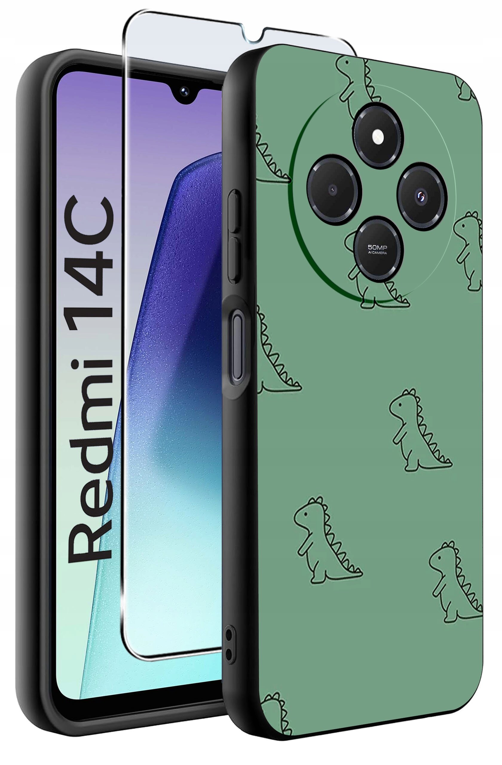 Obraz przedstawia zielone etui z wzorem dinozaurów na telefon Xiaomi Redmi 14C oraz szkło ochronne. Na ekranie telefonu widoczny jest napis \'Redmi 14C\'.