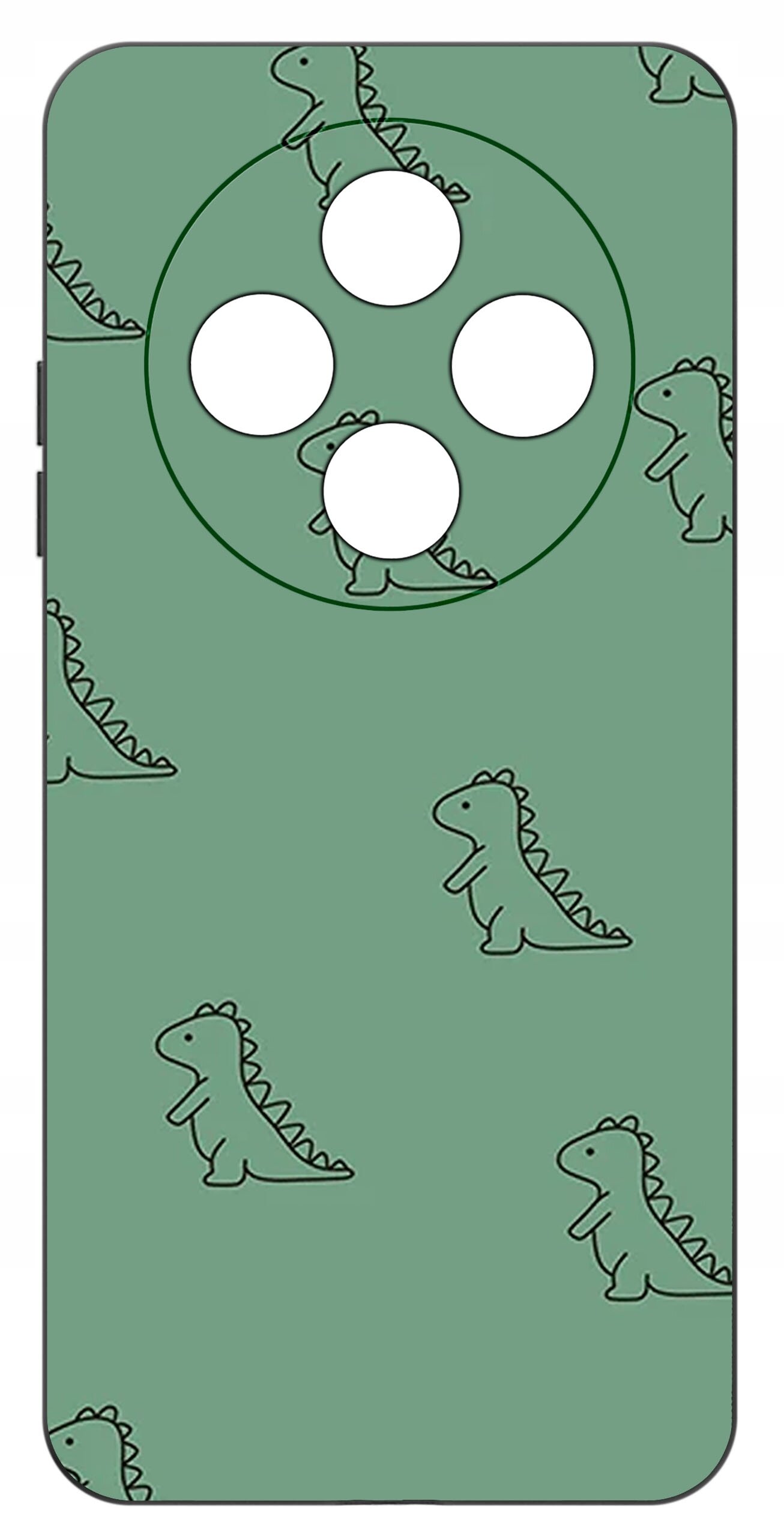 Zielone etui na telefon z wzorem małych dinozaurów i otworami na aparat.