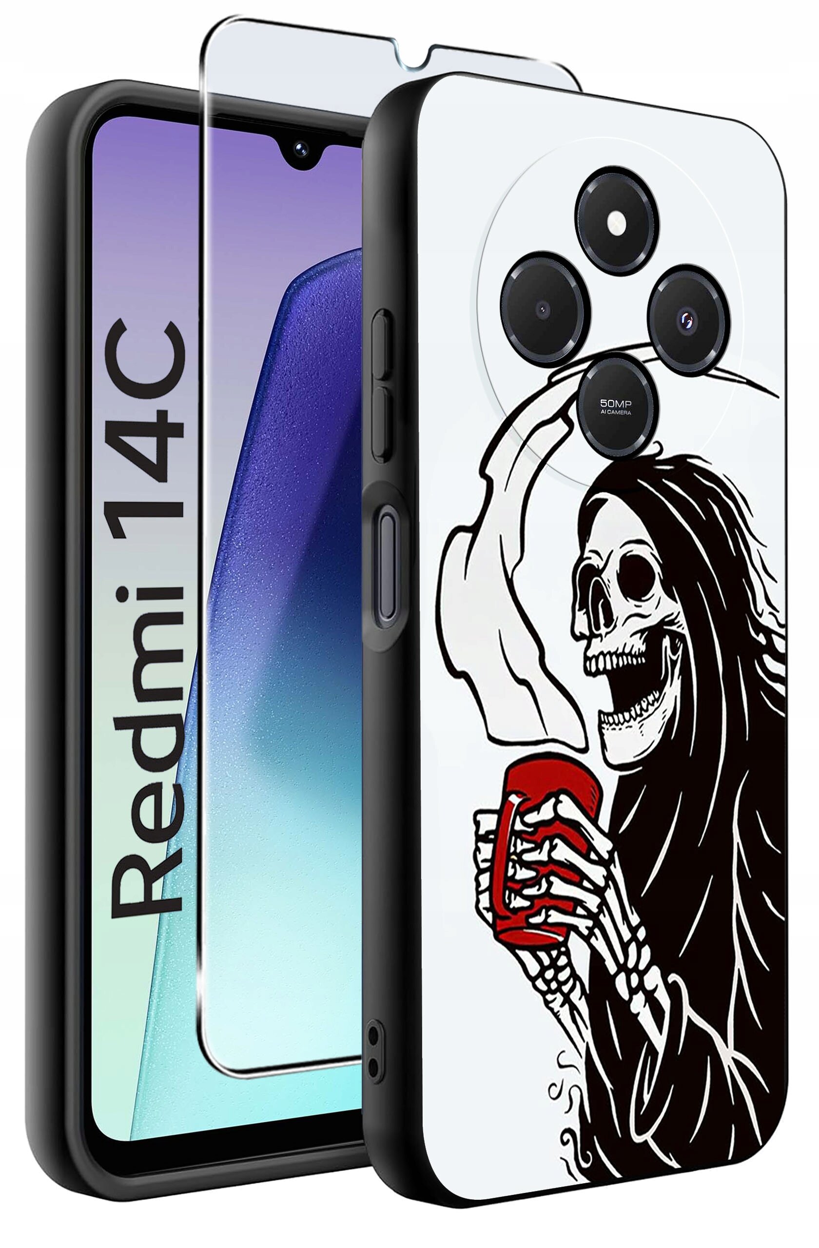 Etui na telefon z nadrukiem szkieletu trzymającego czerwony kubek, obok znajduje się szkło ochronne. Na ekranie telefonu widoczny jest napis \'Redmi 14C\'.