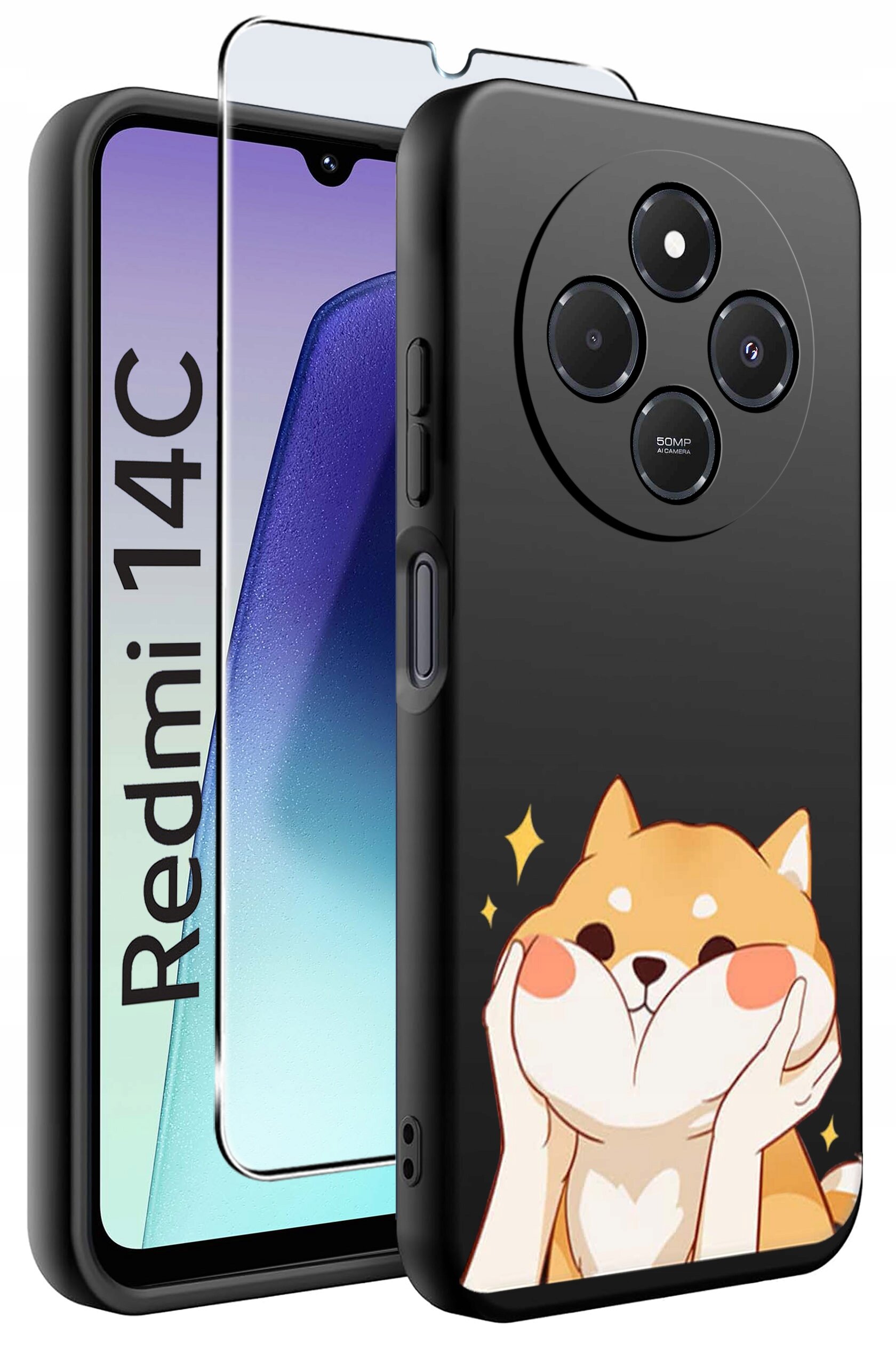 Obraz przedstawia czarne etui na telefon z nadrukiem psa oraz szkło ochronne. Na ekranie telefonu widoczny jest napis \'Redmi 14C\'.