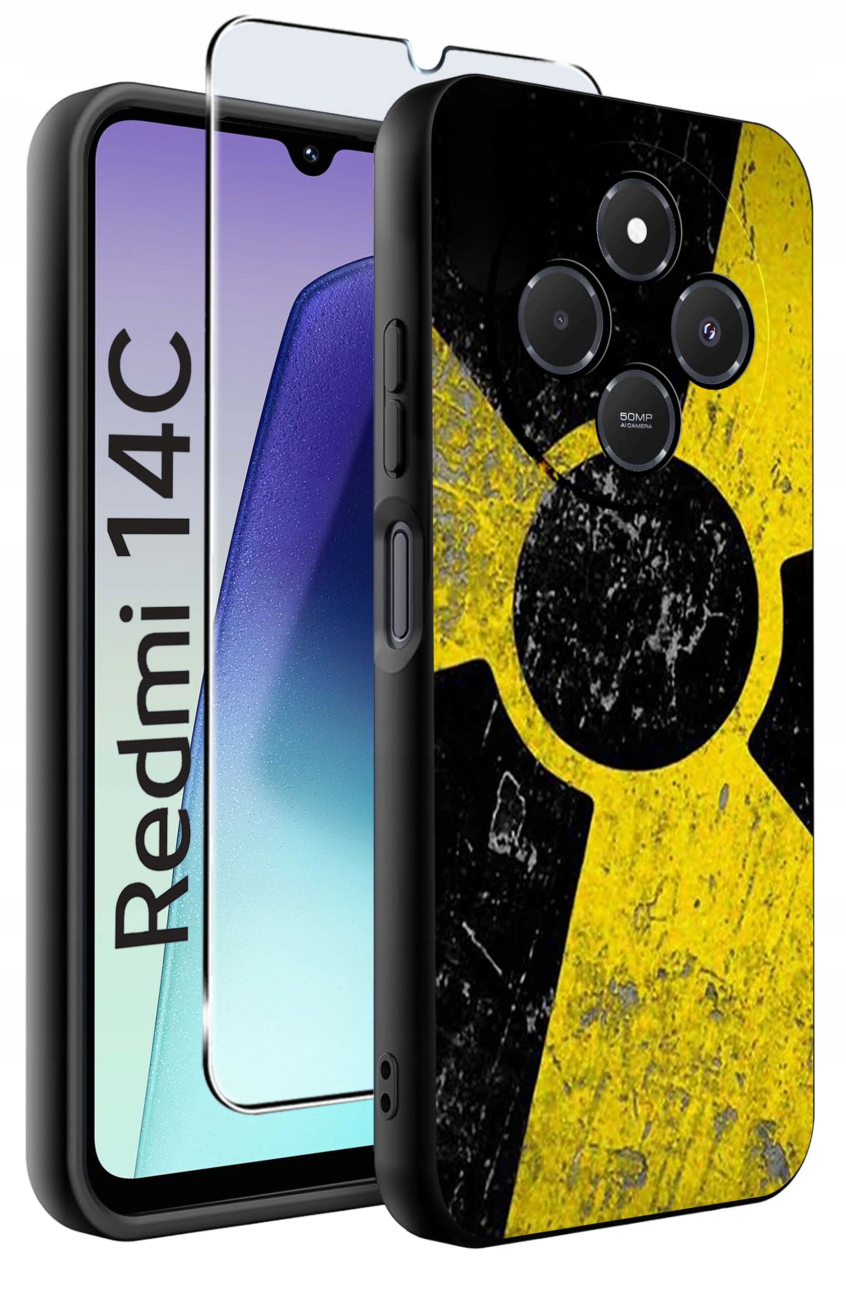 Obraz przedstawia etui na telefon z wzorem przypominającym symbol ostrzegawczy w kolorach żółtym i czarnym. Obok etui widoczny jest telefon z napisem \'Redmi 14C\' oraz szkło ochronne.