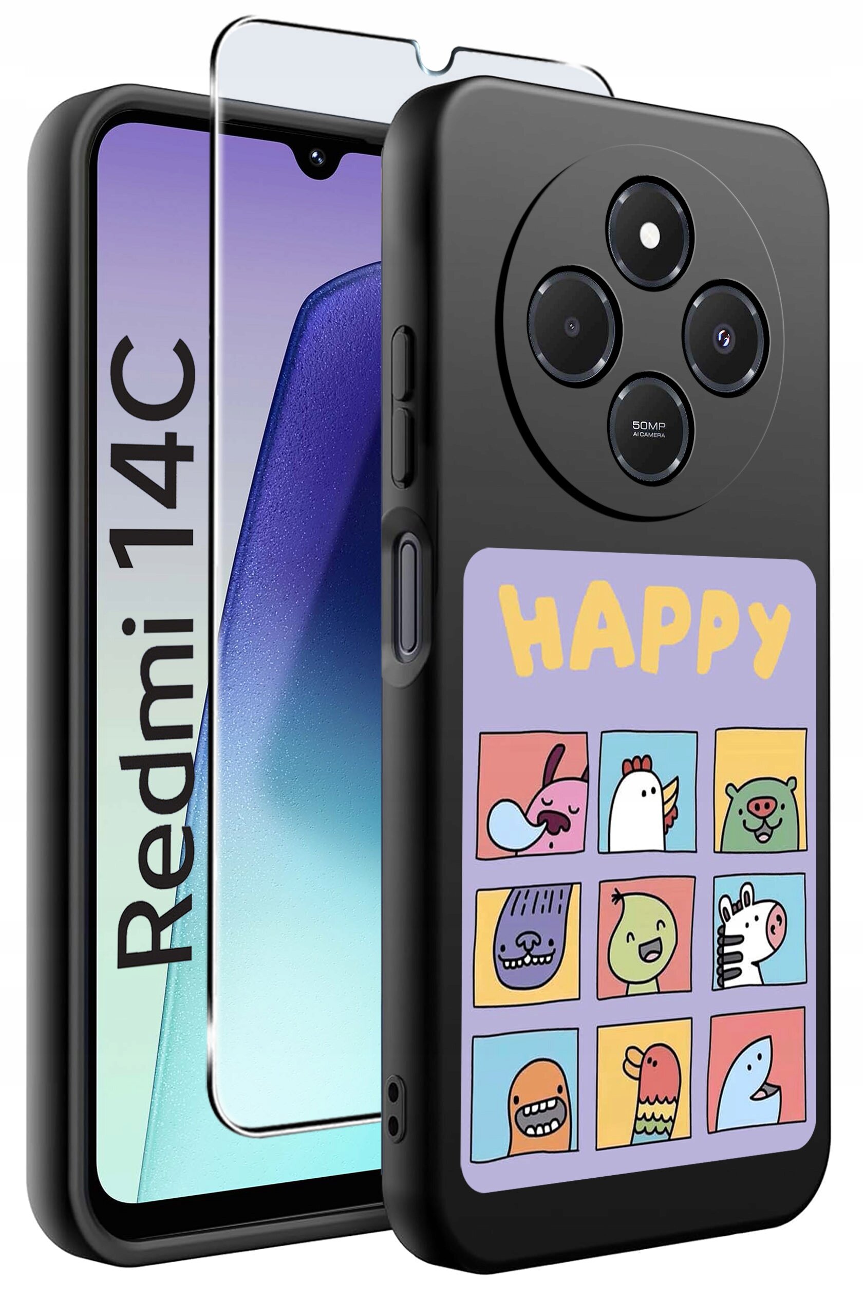 Obraz przedstawia etui na telefon z kolorowymi rysunkami zwierząt i napisem \'HAPPY\'. Obok etui znajduje się szkło ochronne oraz widoczny fragment telefonu z napisem \'Redmi 14C\'.