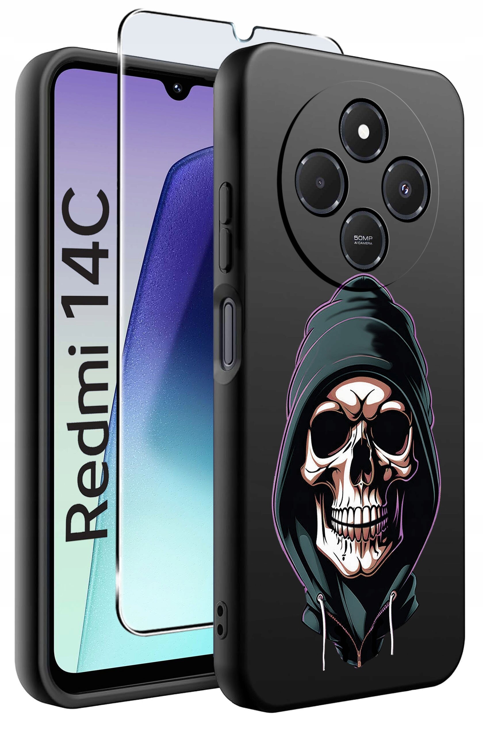 Obraz przedstawia etui na telefon z nadrukiem czaszki w kapturze oraz szkło ochronne. Obok widoczny jest napis \'Redmi 14C\'.