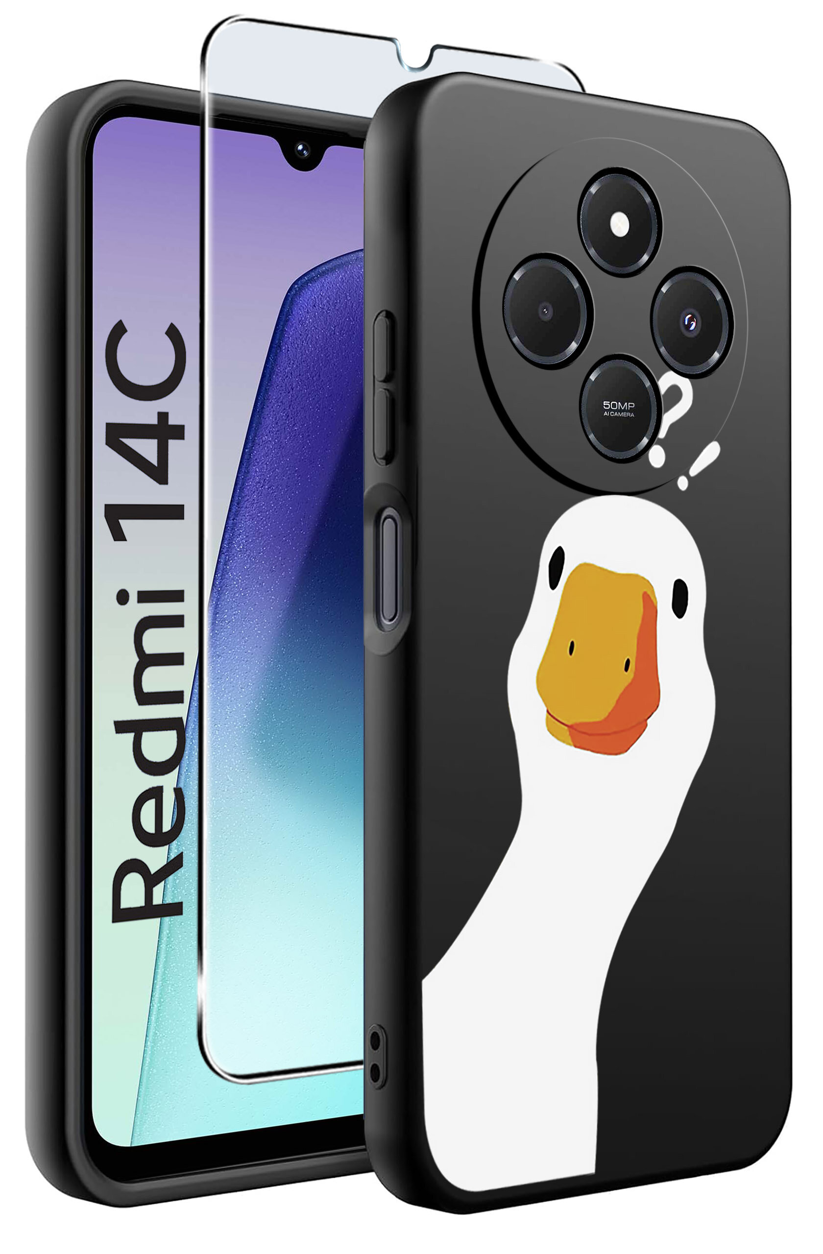 Obraz przedstawia etui na telefon z nadrukiem kaczki oraz szkło ochronne. Na ekranie telefonu widoczny jest napis \'Redmi 14C\'.