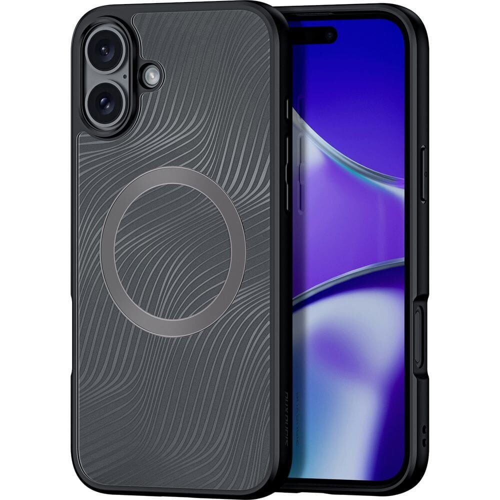 Obraz przedstawia etui na telefon z widocznym wzorem falistych linii i okręgiem na tylnej części. Obok etui znajduje się telefon z wyświetlaczem w odcieniach fioletu i niebieskiego.