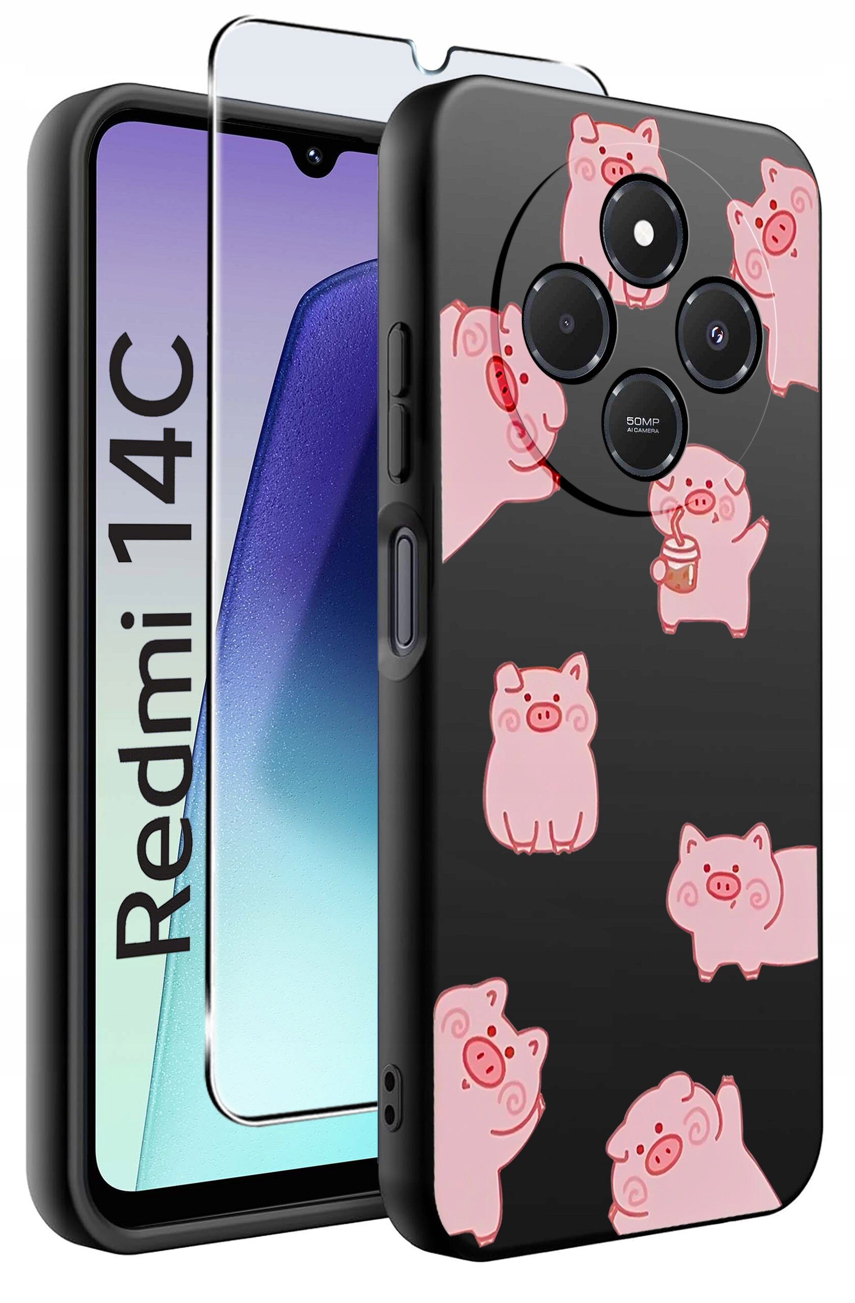 Obraz przedstawia etui na telefon z motywem różowych świnek na czarnym tle oraz szkło ochronne. Na ekranie telefonu widoczny jest napis \'Redmi 14C\'.