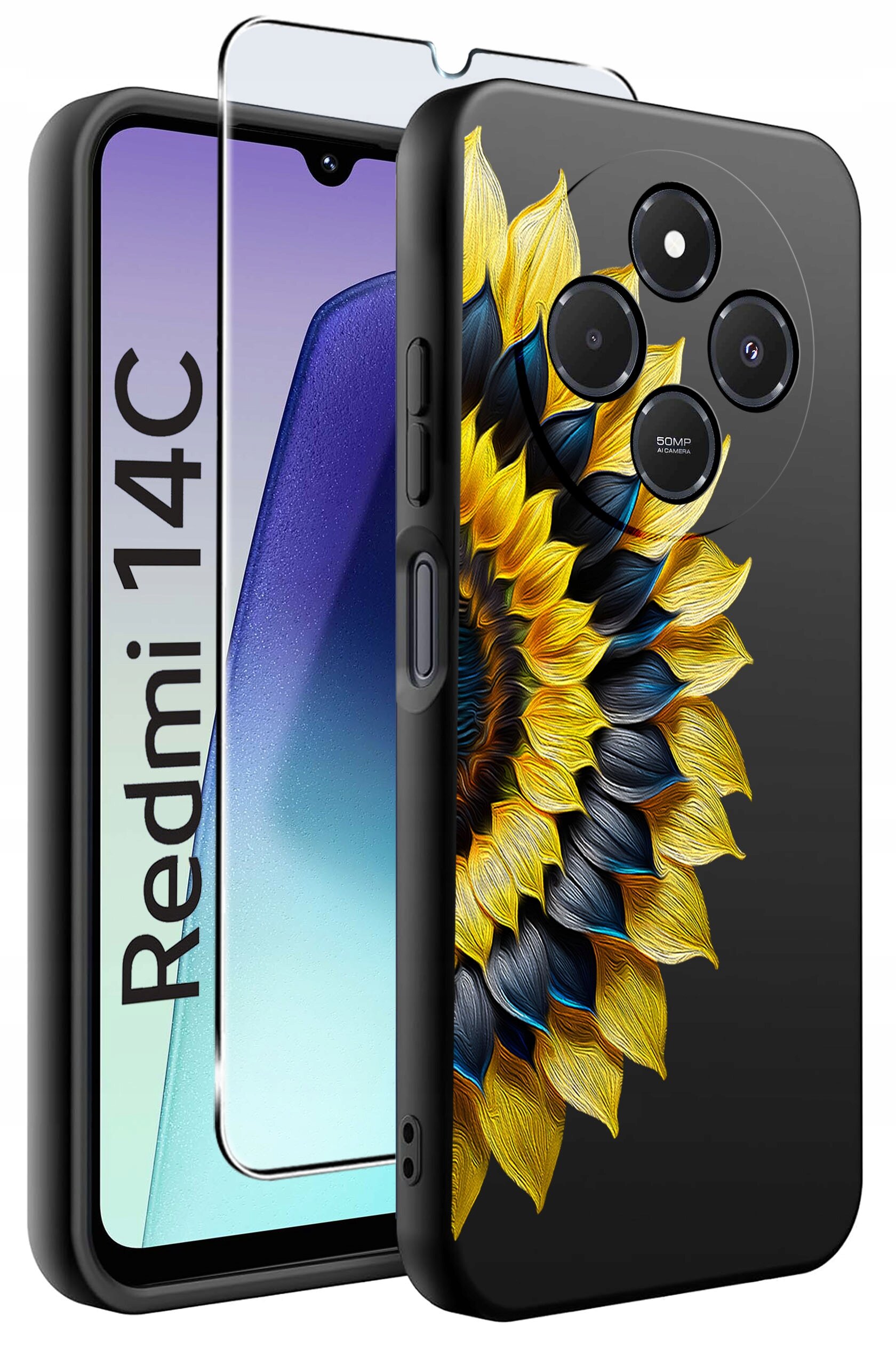 Obraz przedstawia etui na telefon z wzorem słonecznika oraz szkło ochronne. Na ekranie telefonu widoczny jest napis \'Redmi 14C\'.