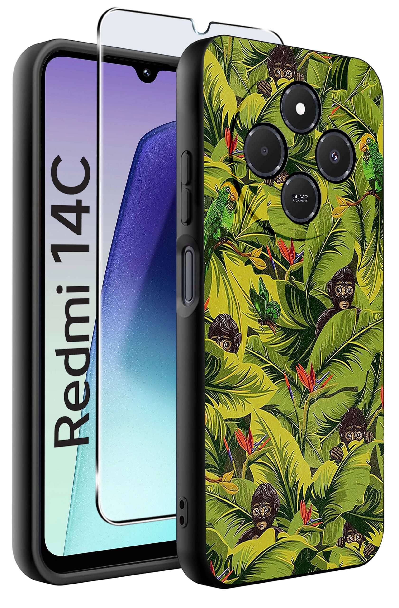 Obraz przedstawia etui na telefon z motywem tropikalnym, z liśćmi i małpami, oraz szkło ochronne. Na ekranie telefonu widoczny jest napis \'Redmi 14C\'.