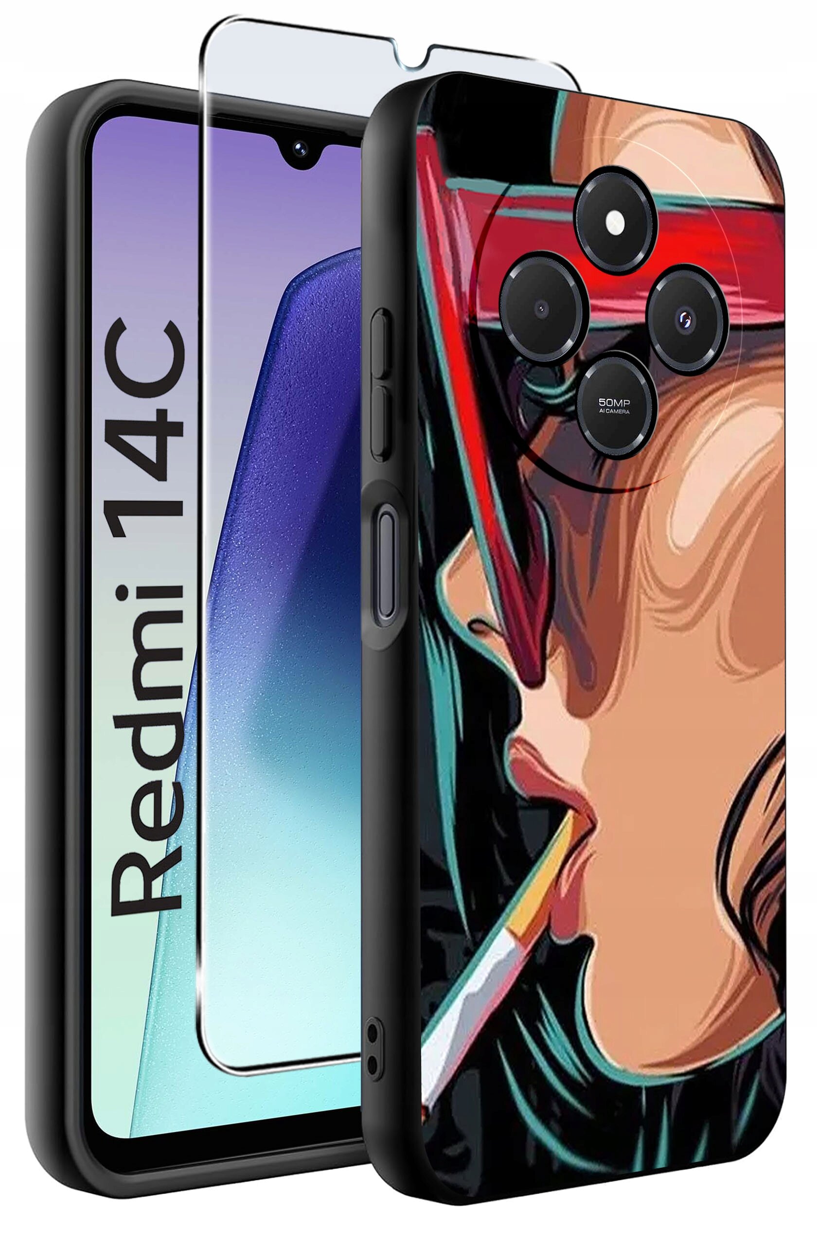 Obraz przedstawia etui na telefon z kolorowym wzorem przedstawiającym postać w okularach i z papierosem. Obok widoczny jest telefon z napisem \'Redmi 14C\' oraz szkło ochronne.