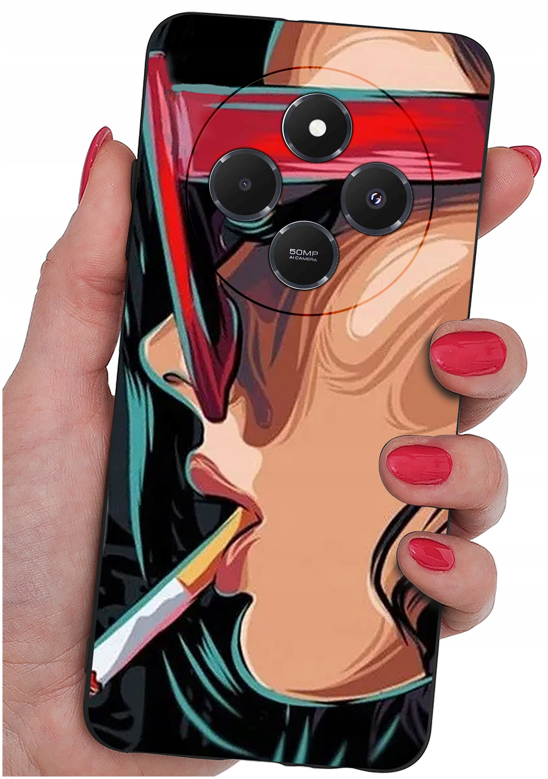 Etui na telefon z kolorowym wzorem przedstawiającym twarz osoby w okularach i z papierosem. Widoczny napis: \'50MP AI CAMERA\'.