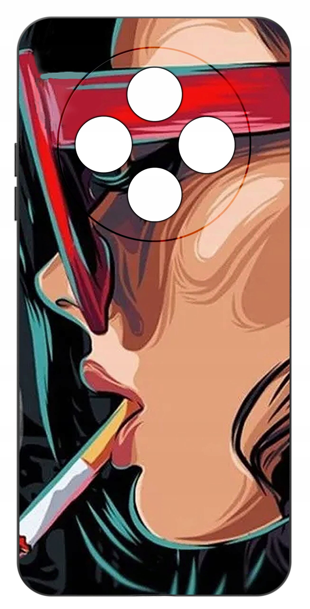 Etui na telefon z kolorowym wzorem przedstawiającym stylizowaną twarz osoby z okularami i papierosem. W górnej części widoczne są cztery okrągłe otwory na aparat.