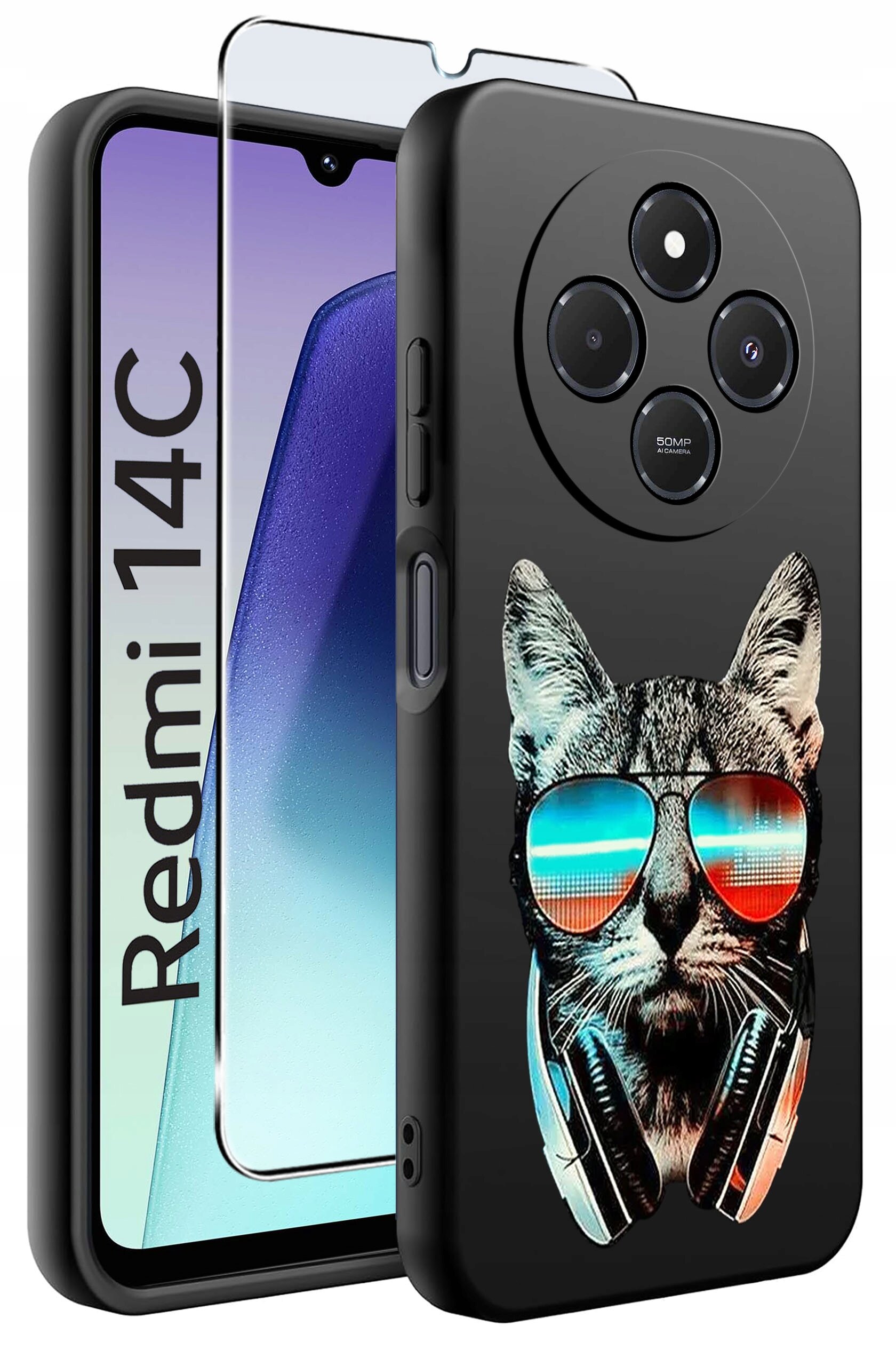 Obraz przedstawia czarne etui na telefon z nadrukiem kota w okularach przeciwsłonecznych i słuchawkach. Obok etui widoczny jest telefon z napisem \'Redmi 14C\' oraz szkło ochronne.