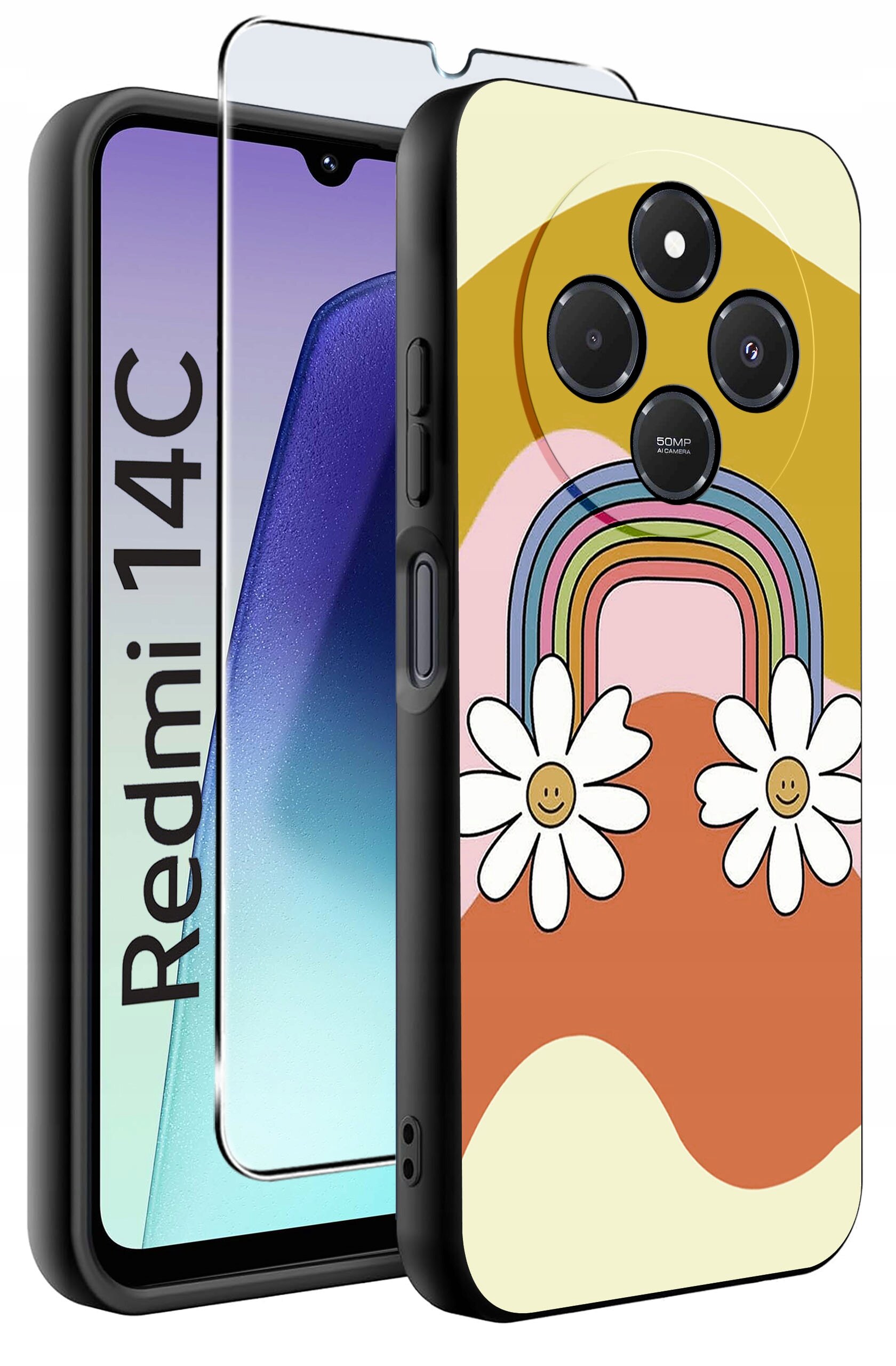 Obraz przedstawia etui na telefon z kolorowym wzorem tęczy i kwiatów oraz szkło ochronne. Na ekranie telefonu widoczny jest napis \'Redmi 14C\'.