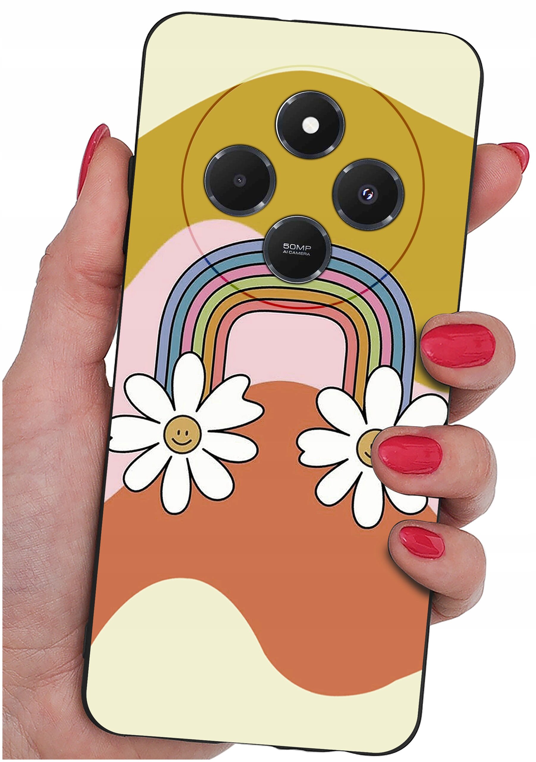 Etui na telefon z kolorowym wzorem tęczy i kwiatów, trzymane w dłoni z pomalowanymi na czerwono paznokciami. Na etui widoczny jest napis \'50MP AI Camera\'.