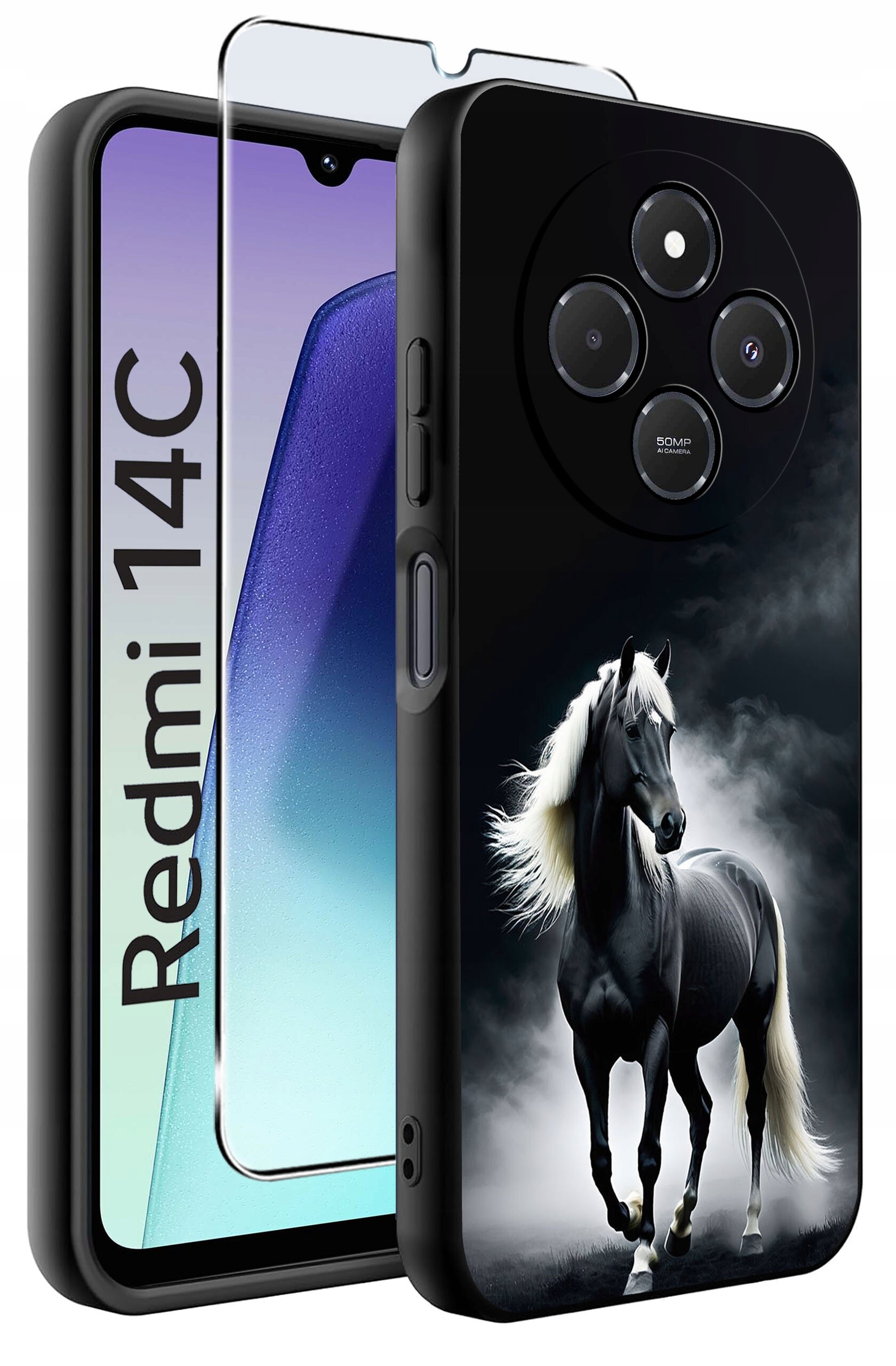 Obraz przedstawia etui na telefon z motywem czarnego konia na tle chmur oraz szkło ochronne. Na ekranie telefonu widoczny jest napis \'Redmi 14C\'.