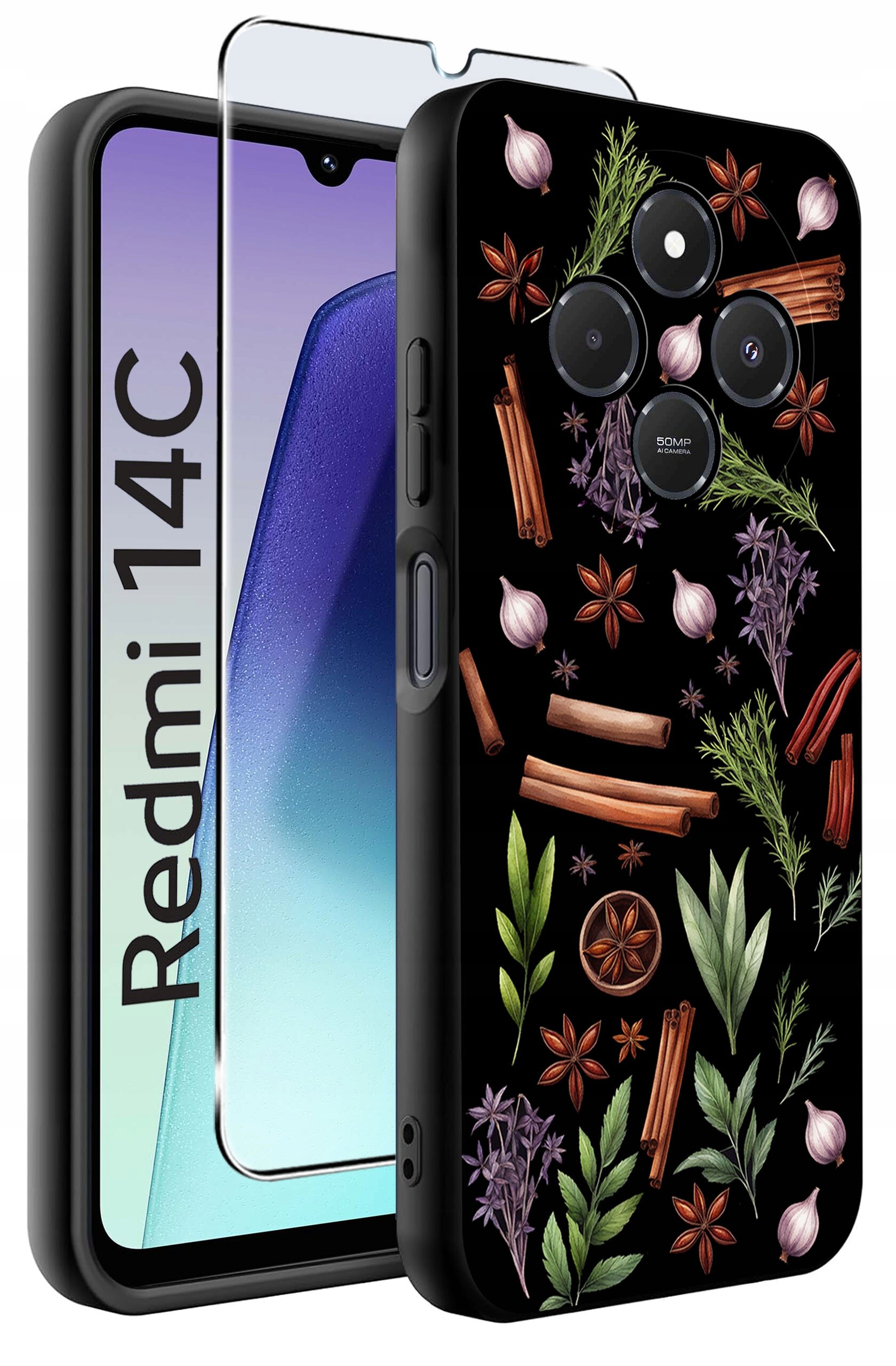 Obraz przedstawia etui na telefon z kolorowym wzorem przypraw i ziół na czarnym tle oraz szkło ochronne. Na ekranie telefonu widoczny jest napis \'Redmi 14C\'.