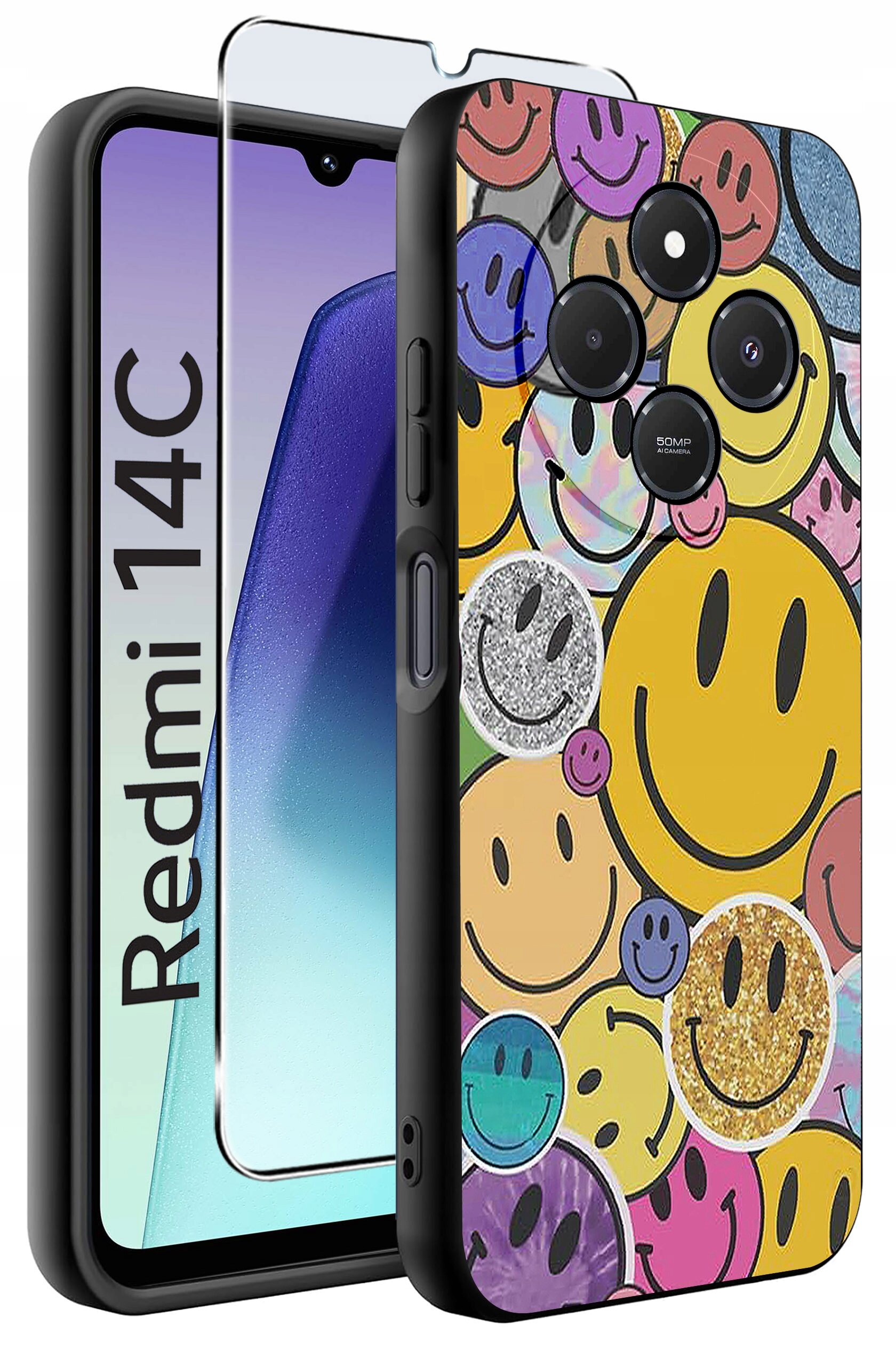 Etui na telefon z kolorowymi wzorami uśmiechniętych buziek oraz szkło ochronne. Obok widoczny jest napis \'Redmi 14C\'.
