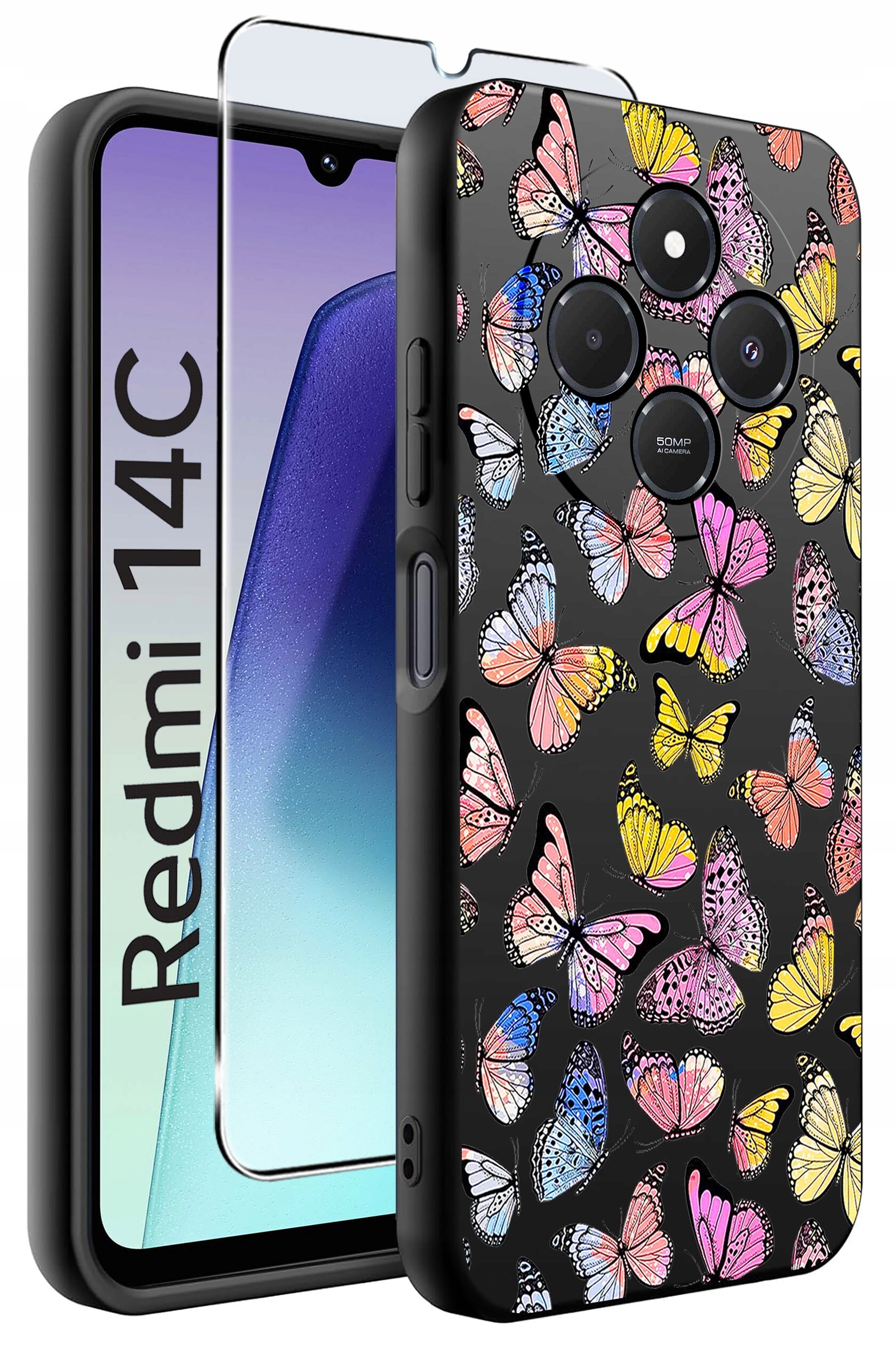 Etui na telefon z kolorowym wzorem motyli, obok którego znajduje się szkło ochronne. Na ekranie telefonu widoczny jest napis \'Redmi 14C\'.