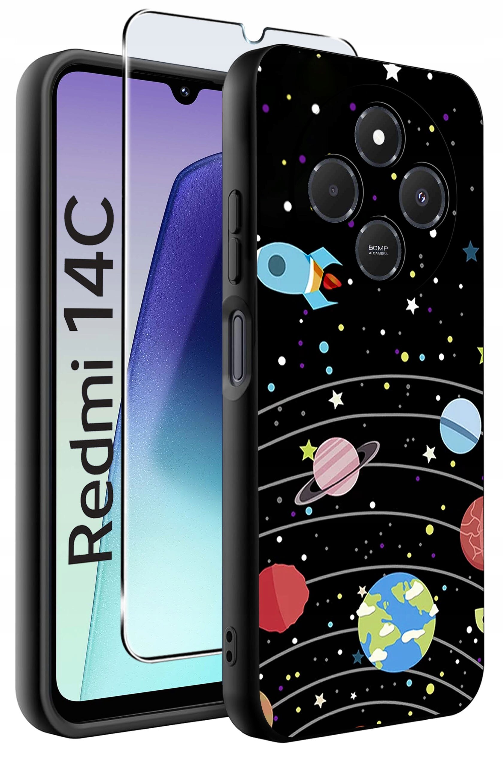 Obraz przedstawia etui na telefon z kolorowym wzorem kosmosu, w tym planetami i rakietą, oraz szkło ochronne. Na ekranie telefonu widoczny jest napis \'Redmi 14C\'.