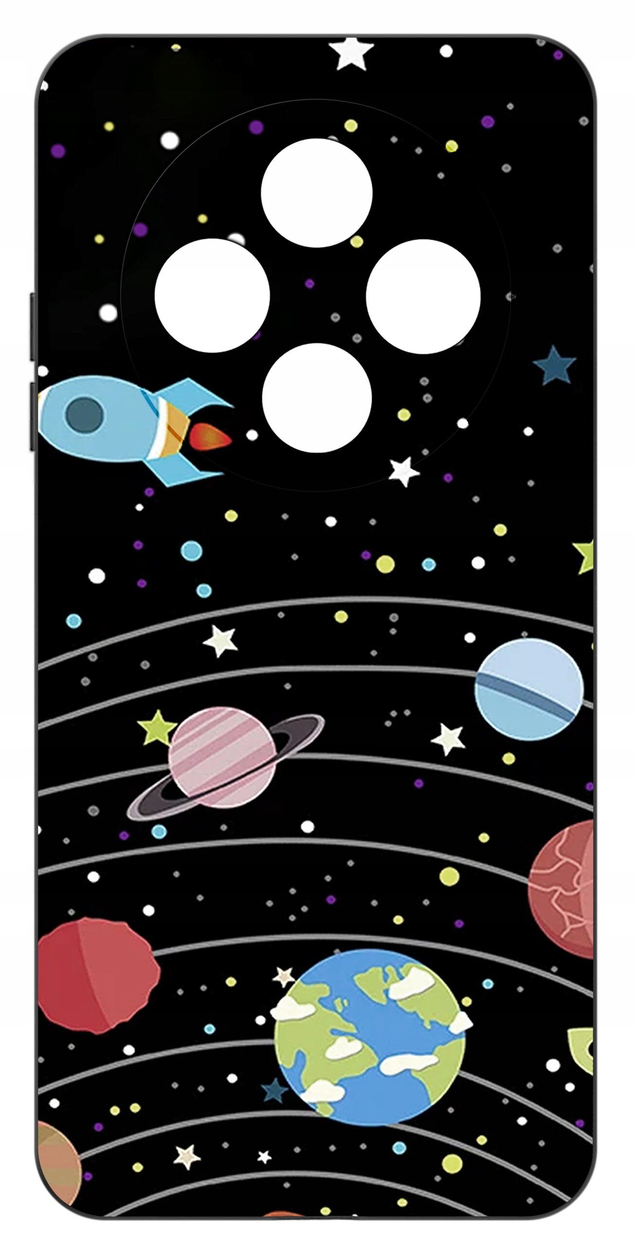 Etui na telefon z motywem kosmosu, przedstawiające planety, gwiazdy i rakietę na czarnym tle. W górnej części znajdują się cztery okrągłe wycięcia na aparat.