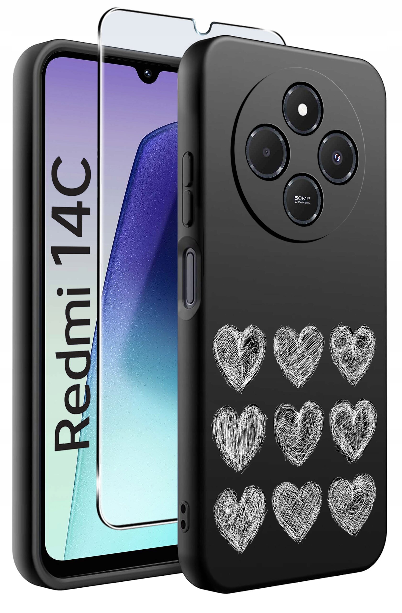 Obraz przedstawia czarne etui na telefon z białymi wzorami serc oraz szkło ochronne. Na ekranie telefonu widoczny jest napis \'Redmi 14C\'.