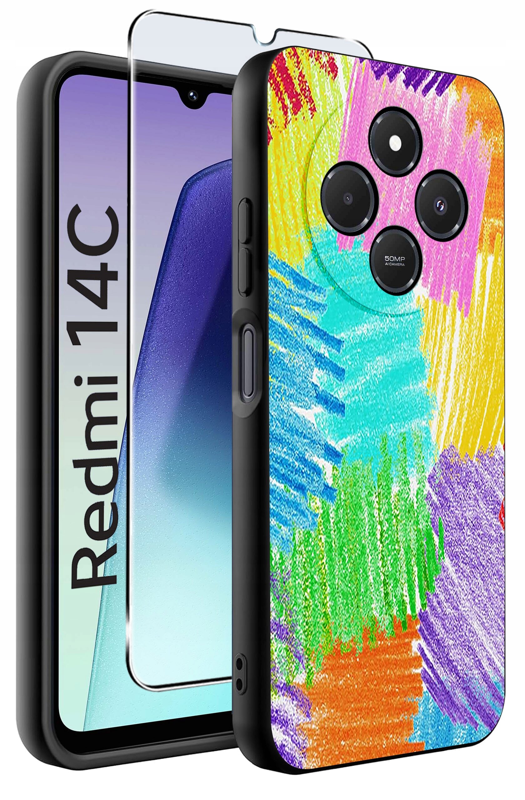 Obraz przedstawia kolorowe etui na telefon z abstrakcyjnym wzorem oraz szkło ochronne. Na ekranie telefonu widoczny jest napis \'Redmi 14C\'.