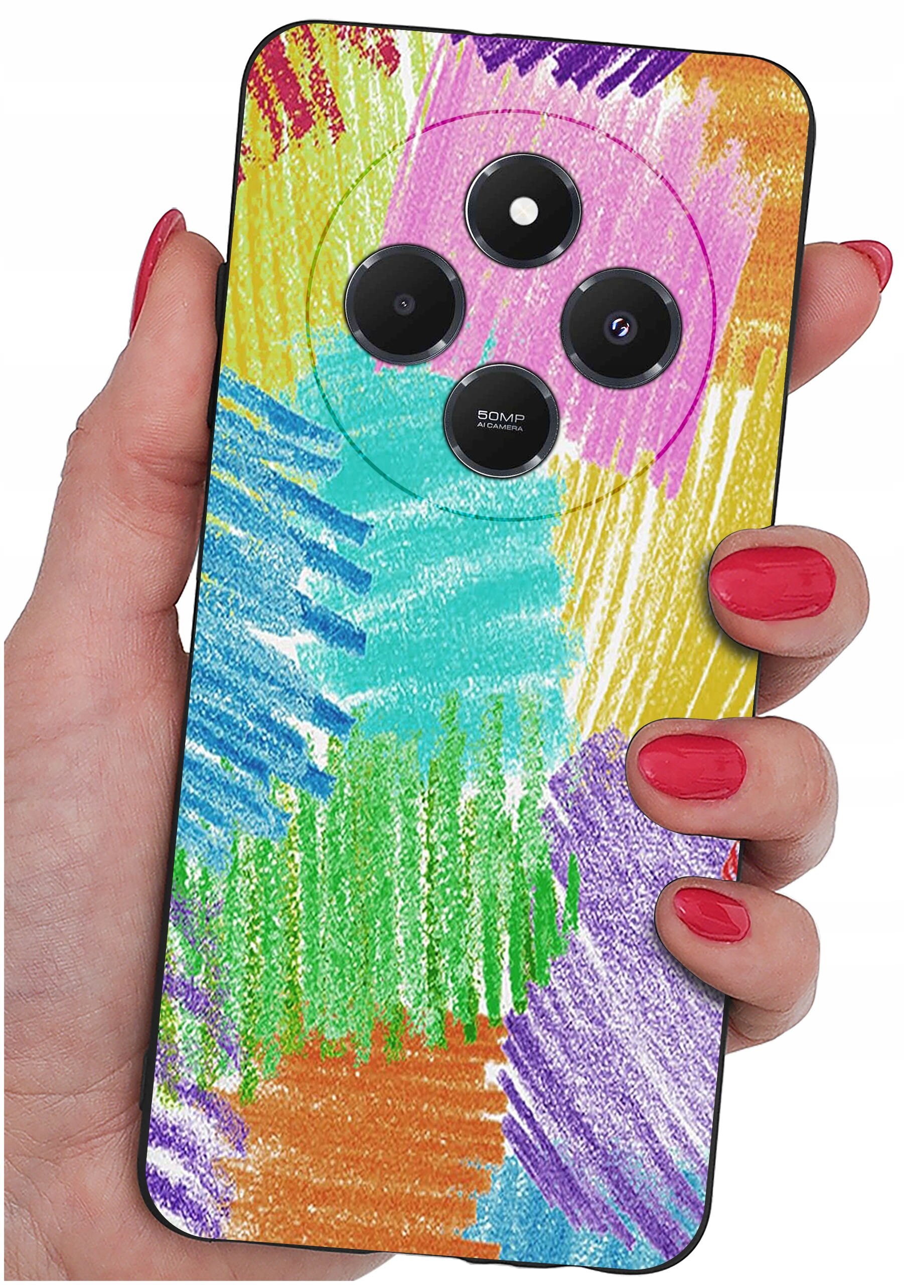 Etui na telefon z kolorowym, abstrakcyjnym wzorem w odcieniach żółci, zieleni, niebieskiego i fioletu. Widoczne są trzy obiektywy aparatu oraz napis \'50MP AI Camera\'.