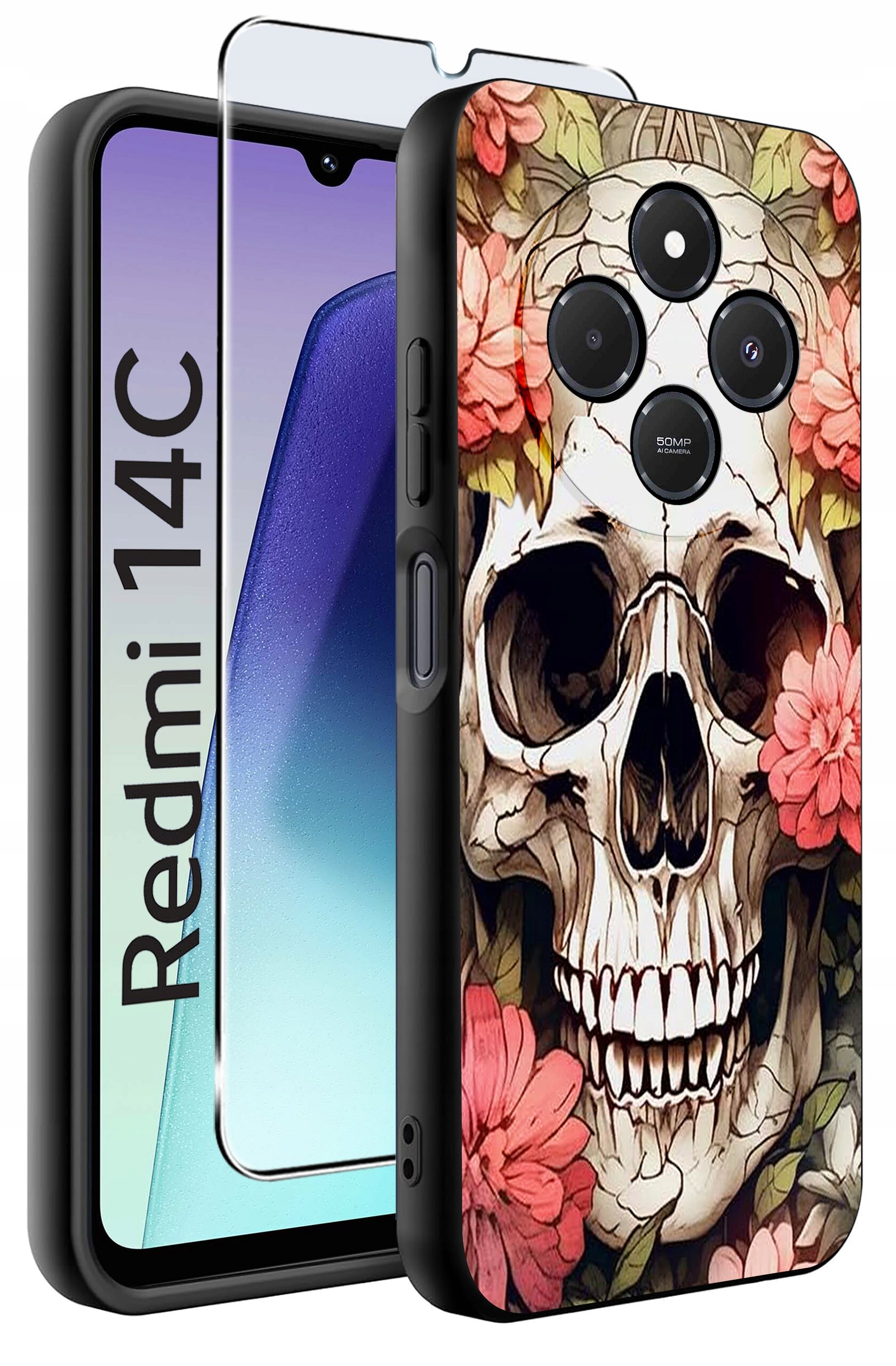 Obraz przedstawia etui na telefon z motywem czaszki otoczonej kwiatami oraz szkło ochronne. Na ekranie telefonu widoczny jest napis \'Redmi 14C\'.