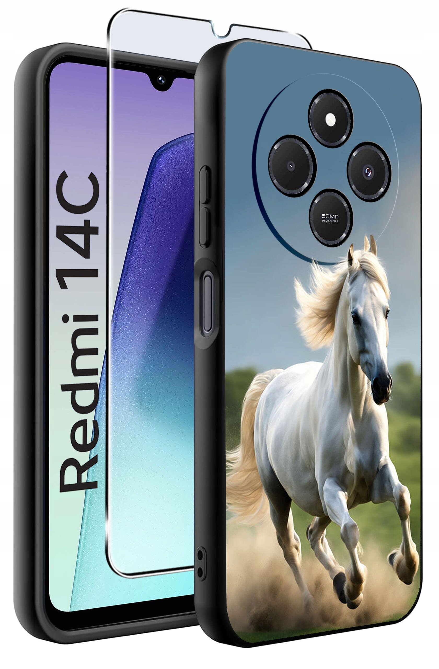 Etui na telefon z nadrukiem galopującego białego konia oraz szkło ochronne. Obok widoczny jest telefon z napisem \'Redmi 14C\'.