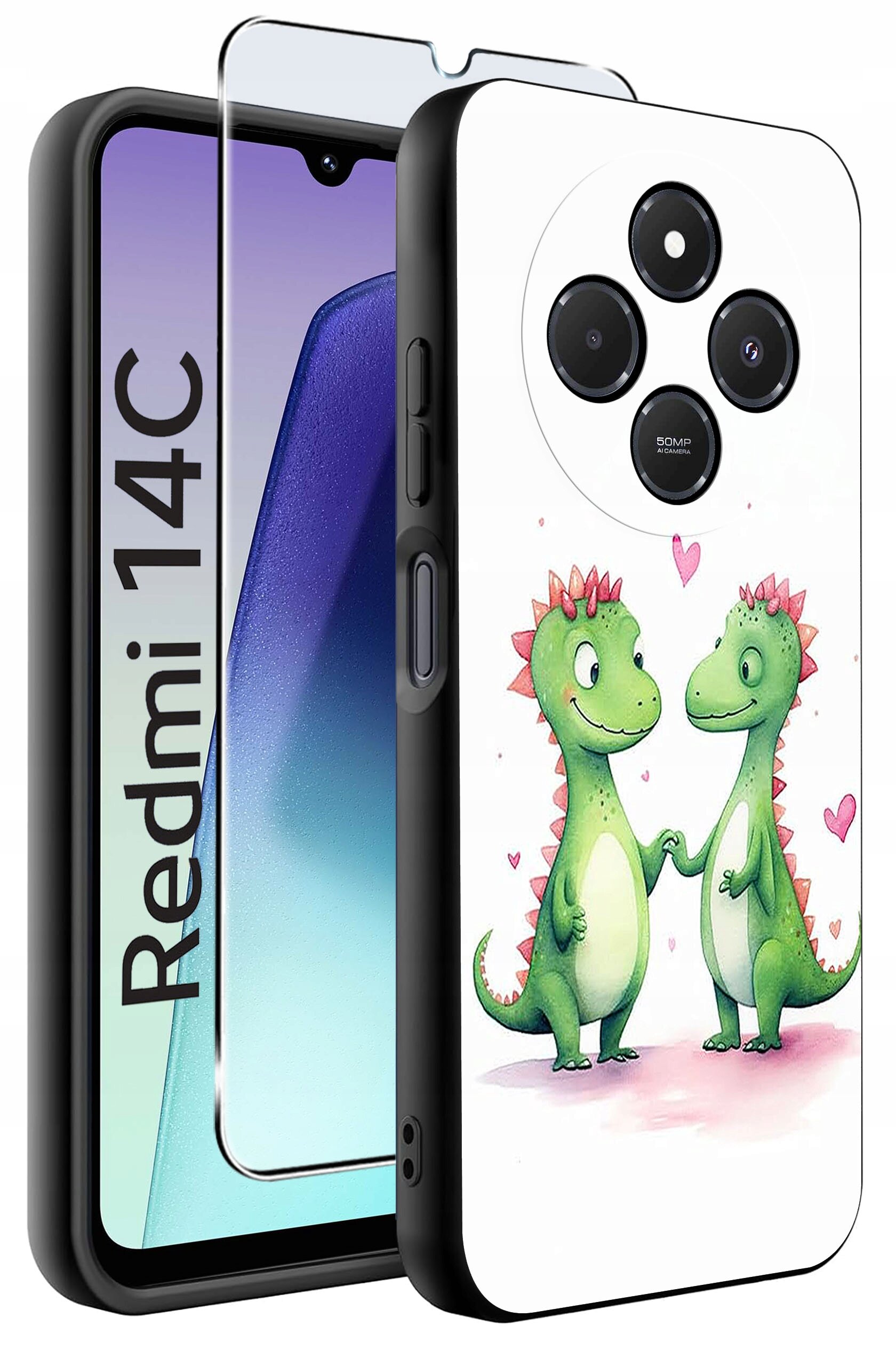 Etui na telefon z grafiką dwóch zielonych dinozaurów trzymających się za ręce, otoczonych różowymi serduszkami. Obok widoczny jest napis \'Redmi 14C\' oraz szkło ochronne na ekran.