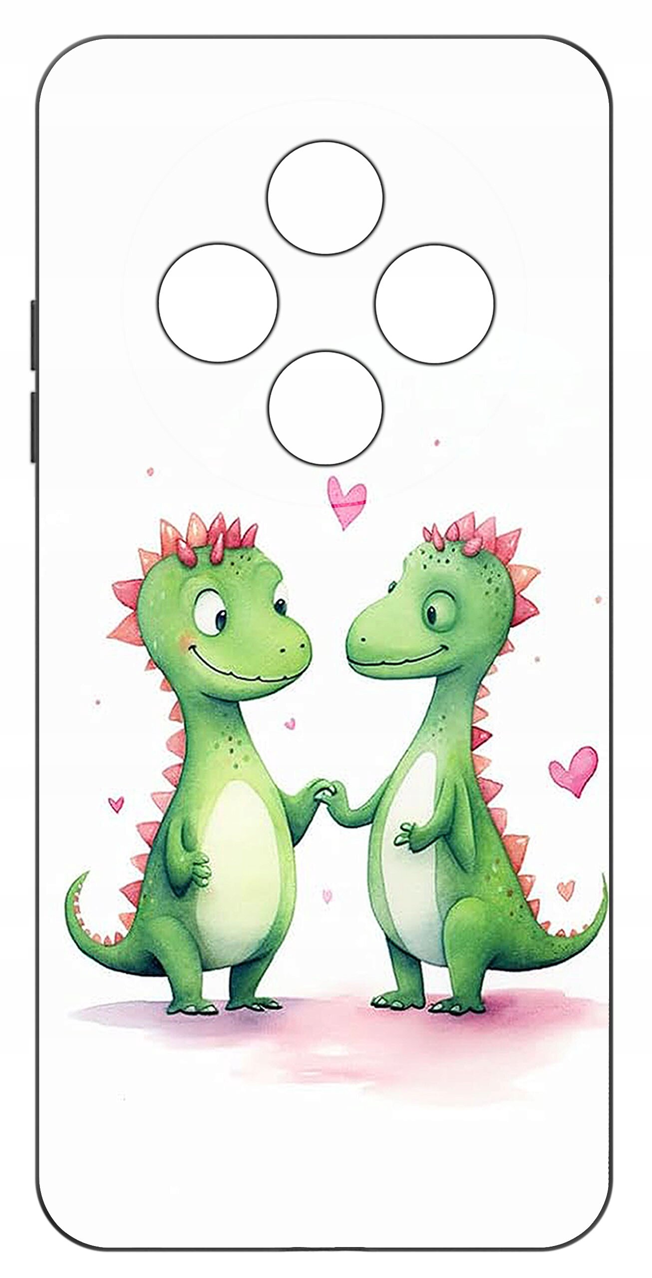 Etui na telefon z grafiką dwóch zielonych dinozaurów trzymających się za ręce, otoczonych różowymi serduszkami. Tło jest białe, a na górze widoczne są cztery okrągłe wycięcia na aparat.