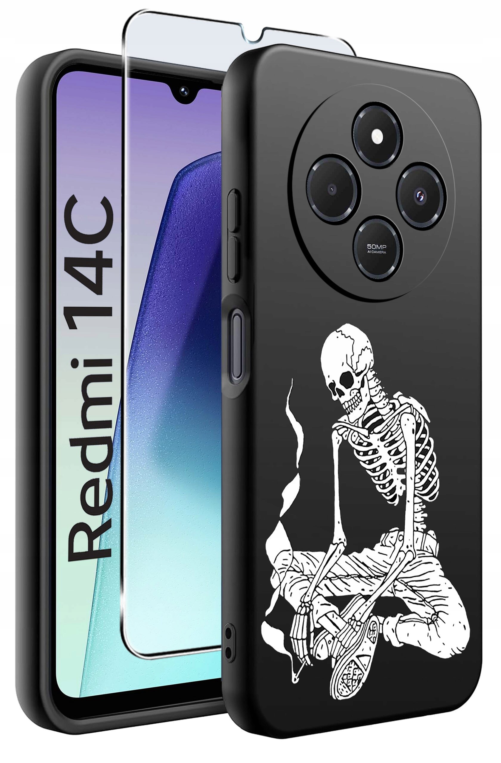Obraz przedstawia czarne etui na telefon z nadrukiem białego szkieletu siedzącego w pozycji medytacyjnej. Obok etui widoczny jest telefon z napisem \'Redmi 14C\' oraz szkło ochronne na ekran.