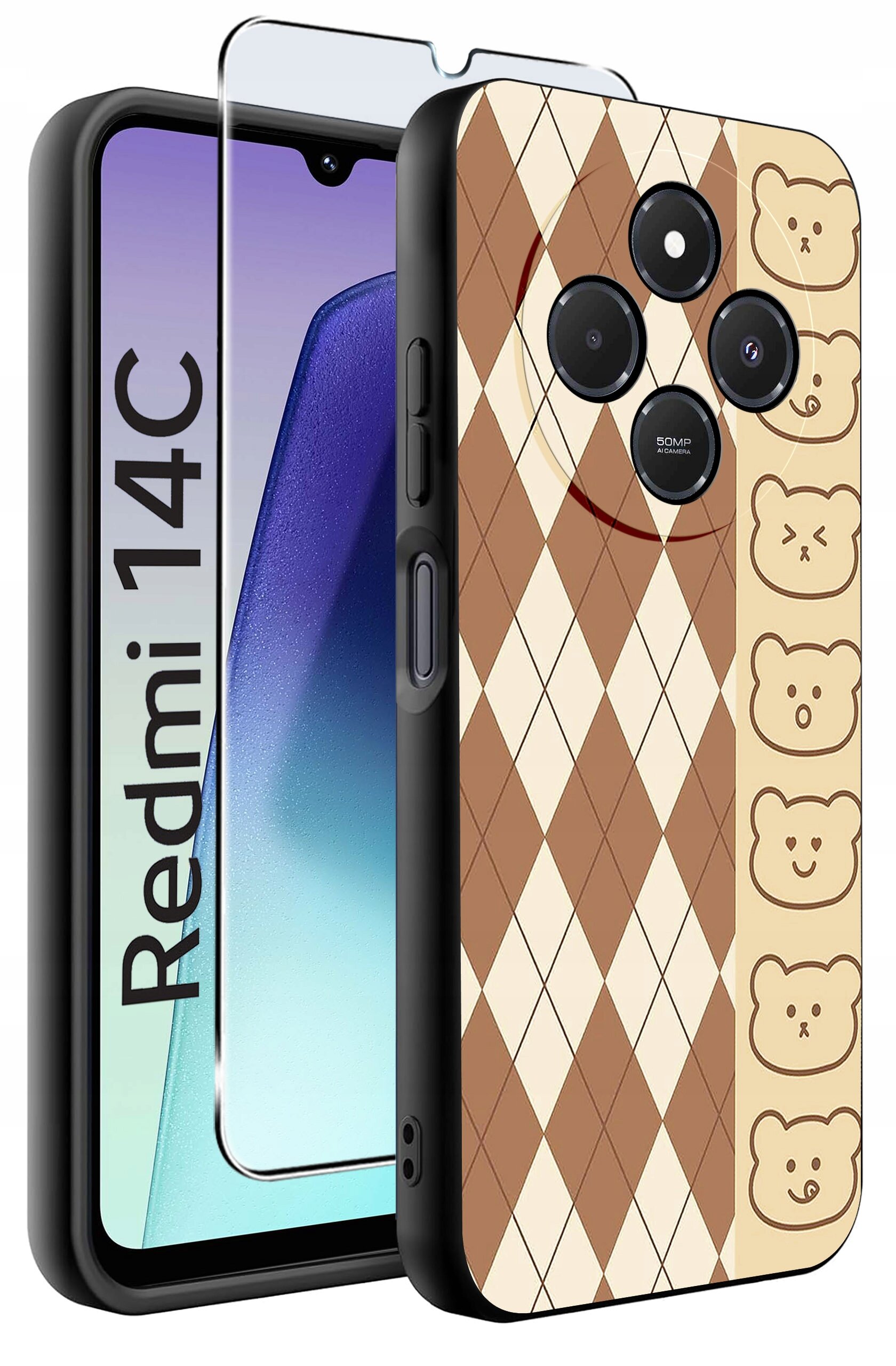 Obraz przedstawia etui na telefon z wzorem w romby i rysunkami misiów po jednej stronie. Obok etui znajduje się szkło ochronne oraz telefon z widocznym napisem \'Redmi 14C\'.