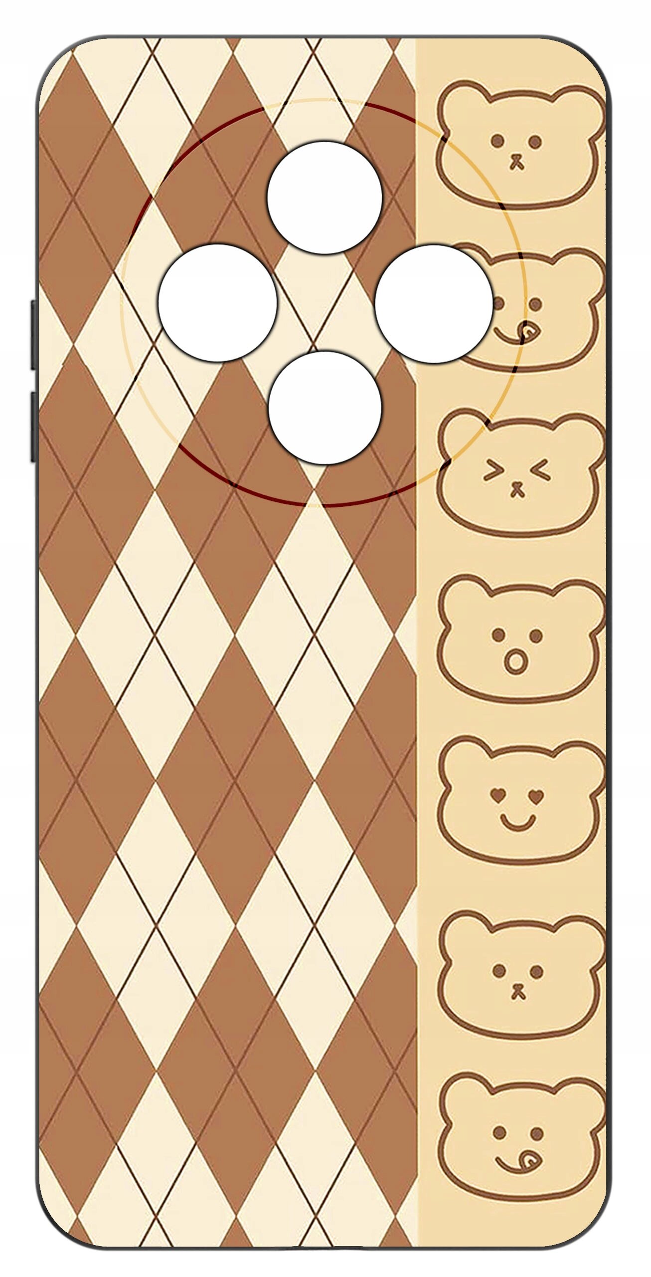 Etui na telefon z wzorem w romby w kolorach brązowym i beżowym oraz rzędem rysunków misiów po jednej stronie. Etui posiada cztery okrągłe wycięcia na aparaty.
