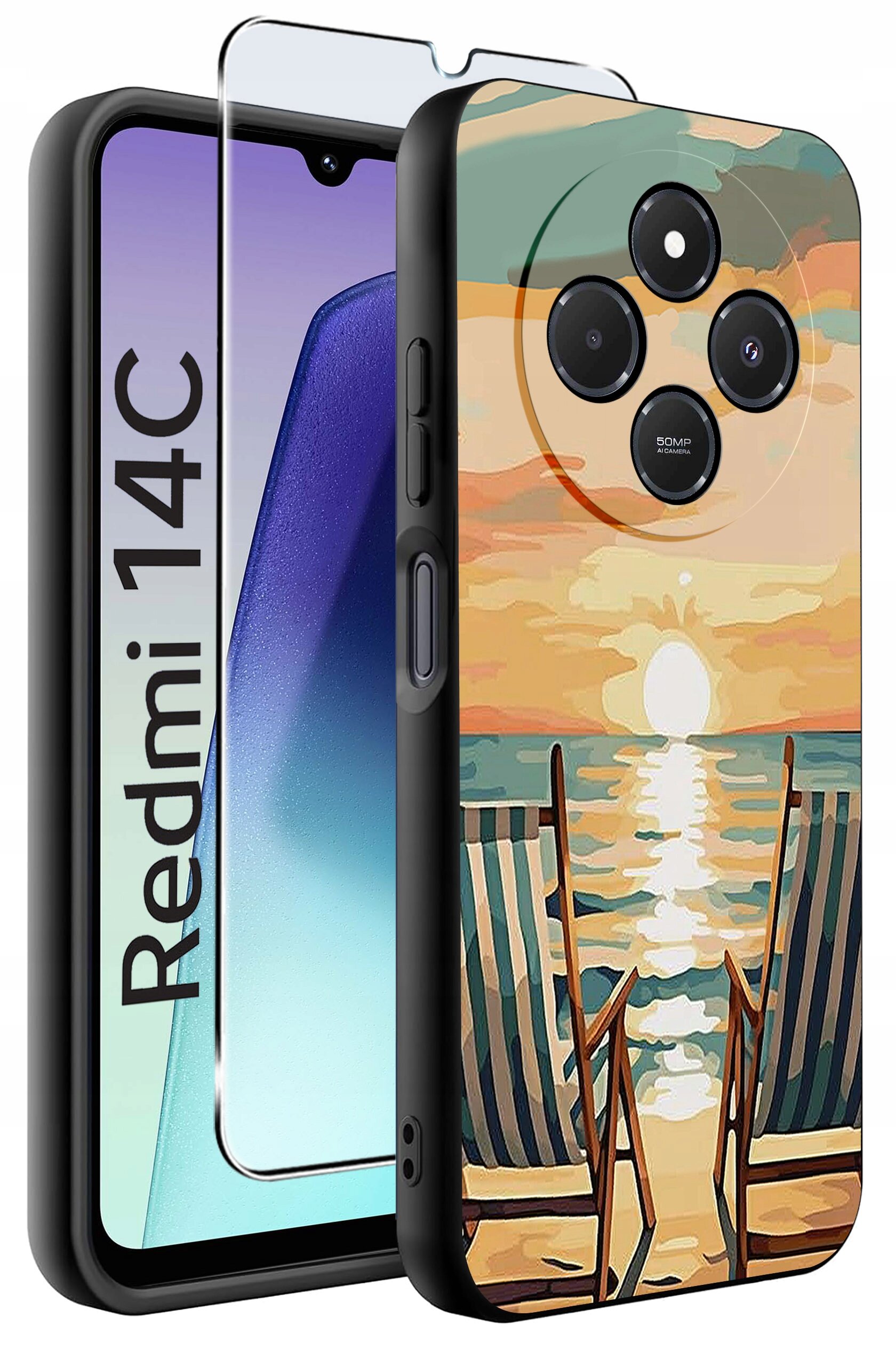 Obraz przedstawia etui na telefon z motywem zachodu słońca nad morzem, z dwoma leżakami na plaży. Obok etui widoczny jest telefon z napisem \'Redmi 14C\' oraz szkło ochronne.