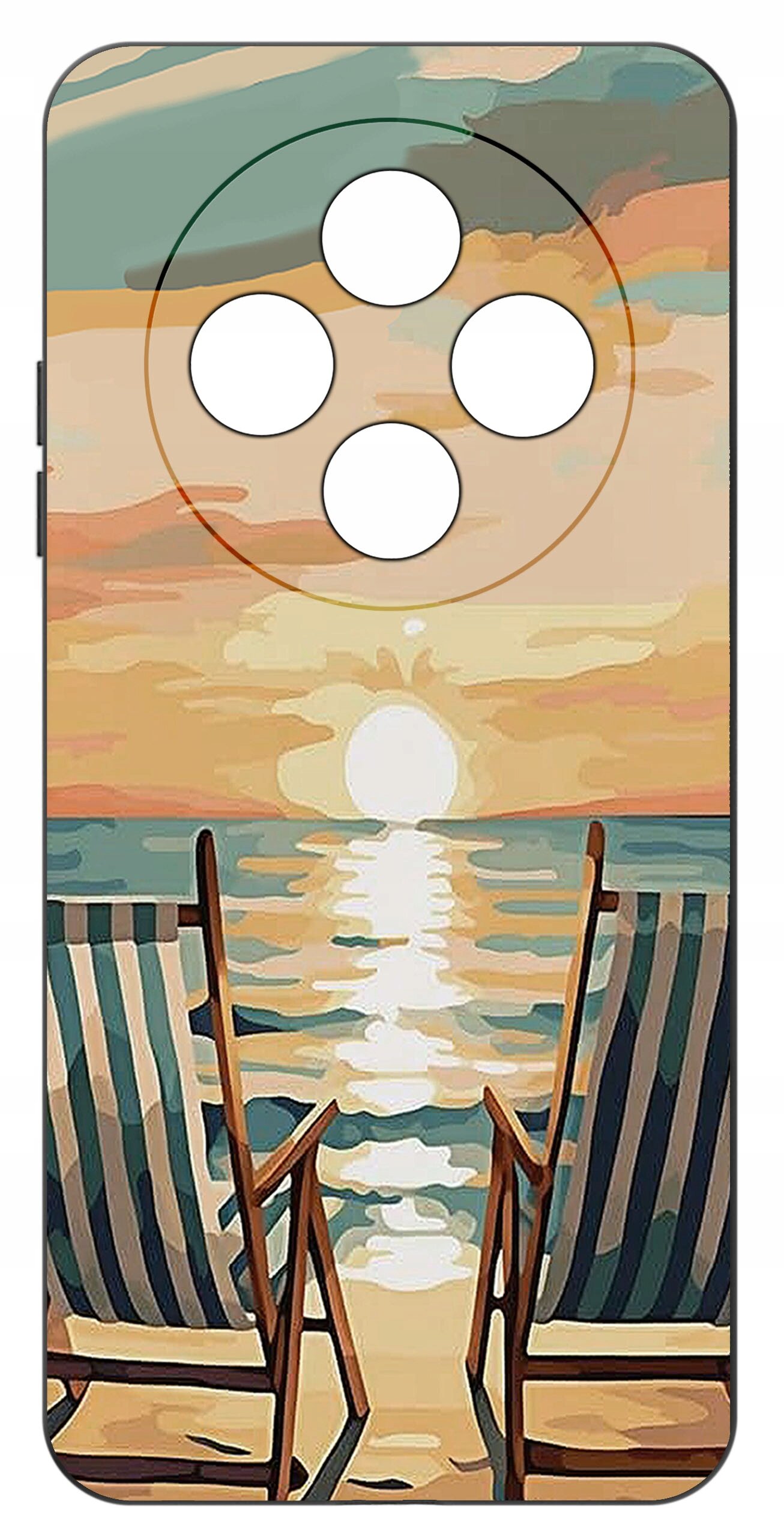 Etui na telefon z nadrukiem przedstawiającym dwa leżaki na plaży z widokiem na zachód słońca nad morzem. W górnej części etui znajdują się cztery okrągłe wycięcia na aparat.